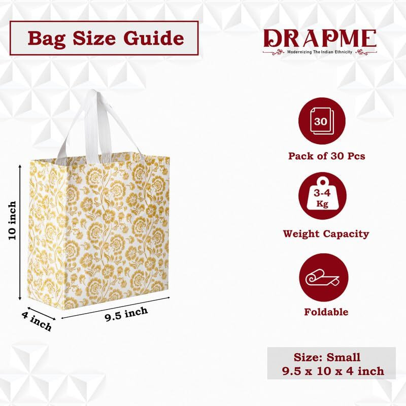 Drapme Flower Printed Reusable Non Woven Shopping Carry Bag For Wedding, Birthday, Party, Return Gifts (Small - 9.5X10X4, Gold, Pack Of 30)