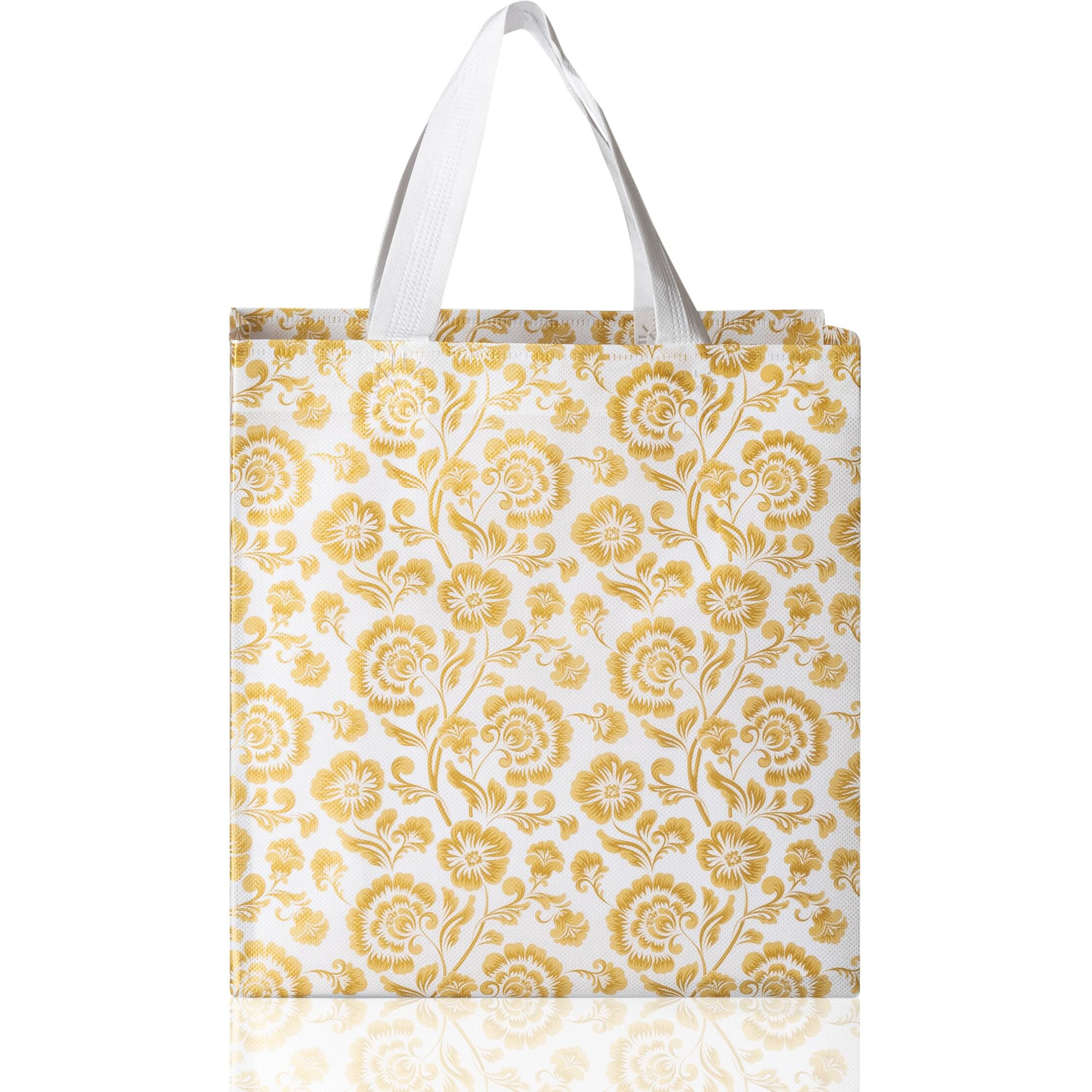 Drapme Flower Printed Reusable Non Woven Shopping Carry Bag For Wedding, Birthday, Party, Return Gifts (Small - 9.5X10X4, Gold, Pack Of 30)