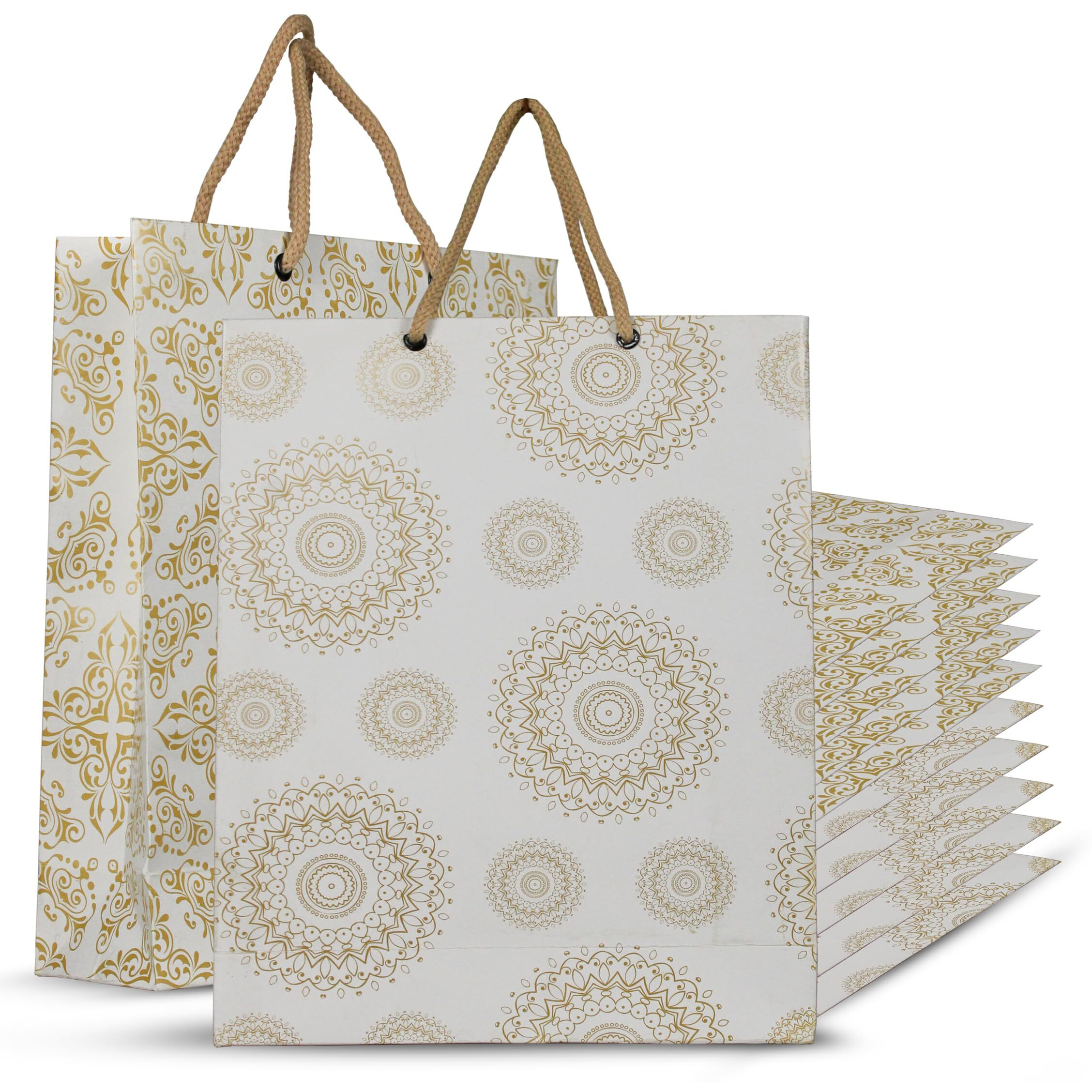 Kosy Pack Of 10 Gift Carry Bags | Eco-Friendly Recycle Paper Bags For Gifting | Sturdy & Versatile Paper Bags For Shopping | Medium Gift Bag 29X7.5X22 Cm | Carry Bags For Gifting Golden Mix Design