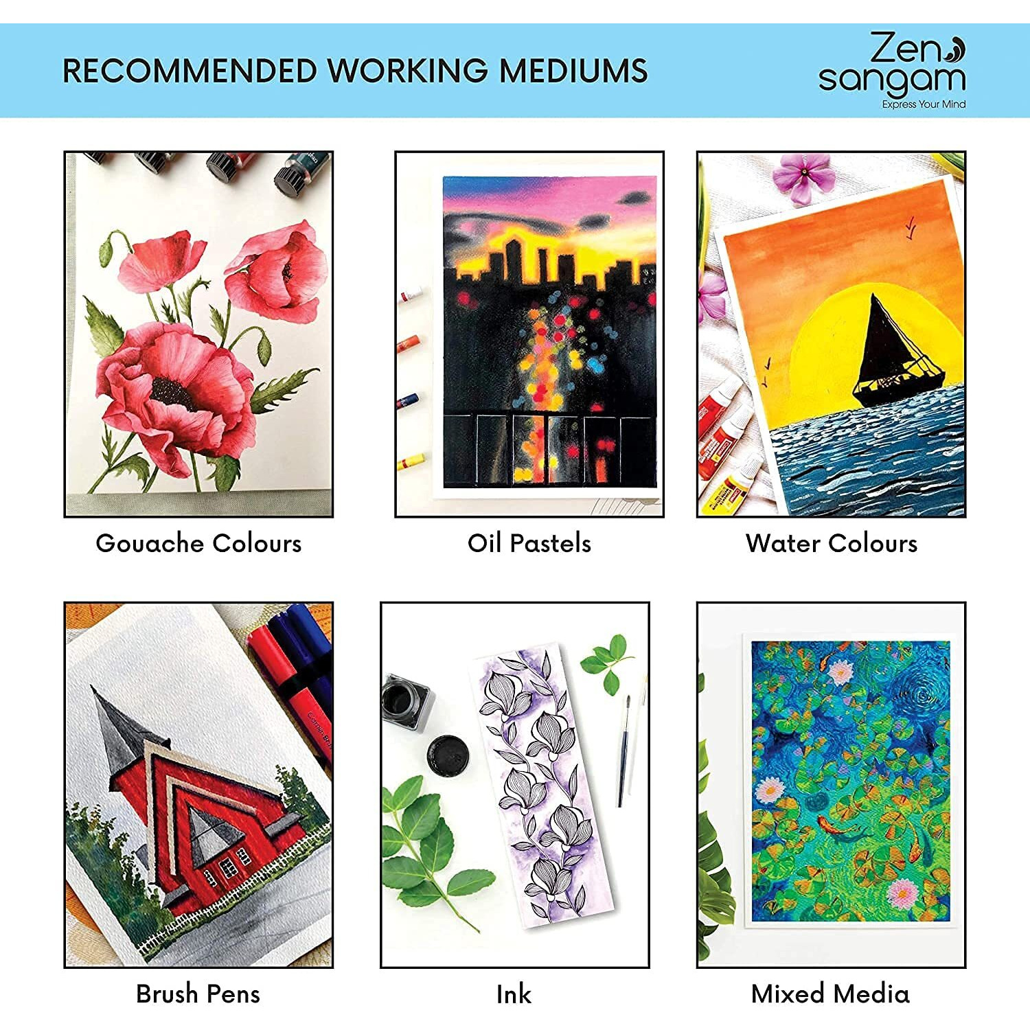 Zen Sangam Express Your Mind 300 Gsm, Cold Pressed Rough Grain Surface, Lignin-Free Cellulose, Acid Free, A4 Size Watercolor Papers (21X29.7Cm, 12 Sheets)