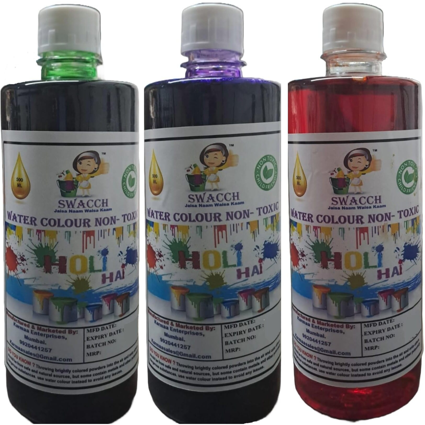 Swacch Water Colour Non-Toxic & Eco Friendly Colour (Green, Blue & Red) (500Ml) (Pack Of 3)