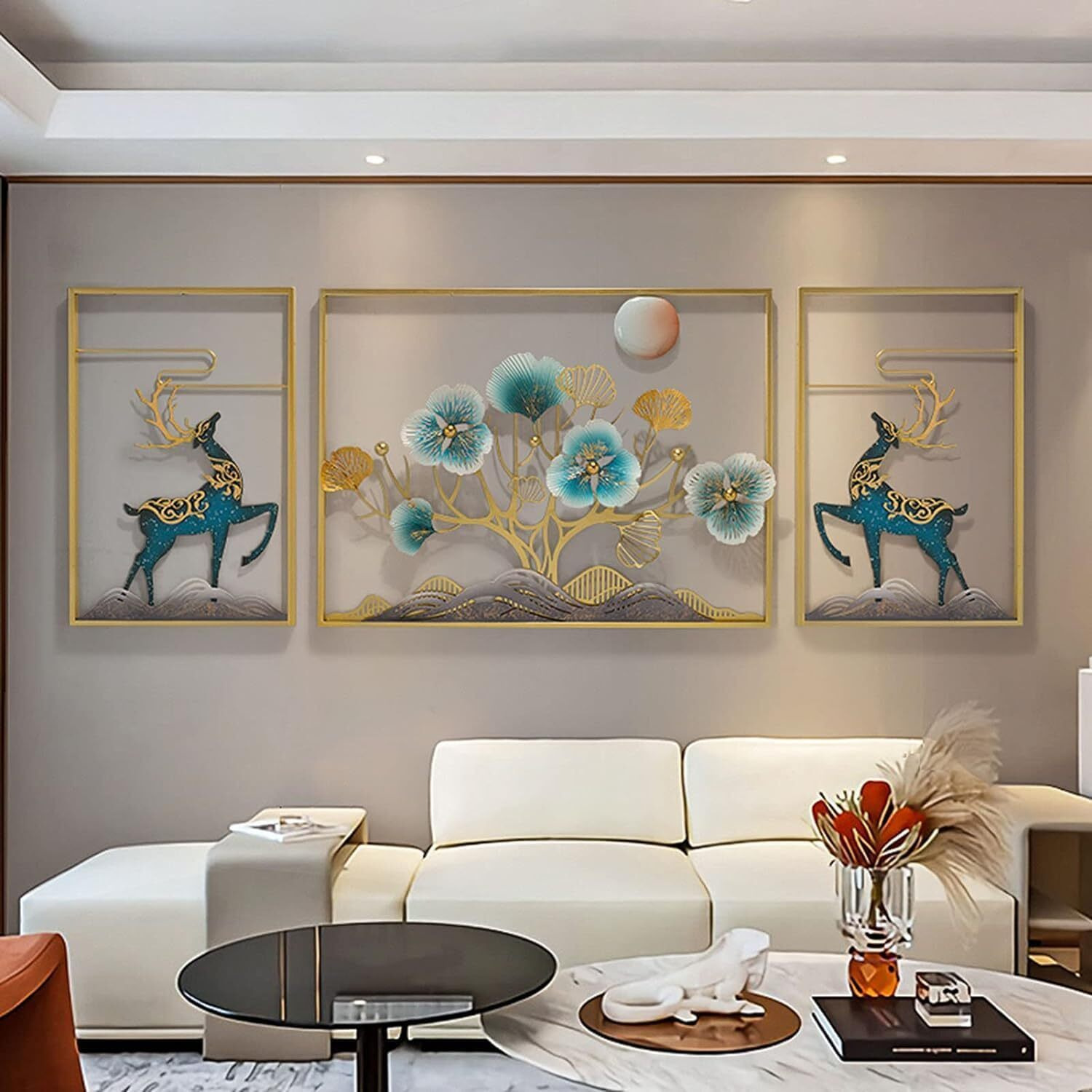 Rsn Wall Art Ginkgo Tree Leaves And Deer Metal Frame With Led, Wall Sculpture For Living Room, Bedroom, Office Wall Hanging For Home Decorative-A1