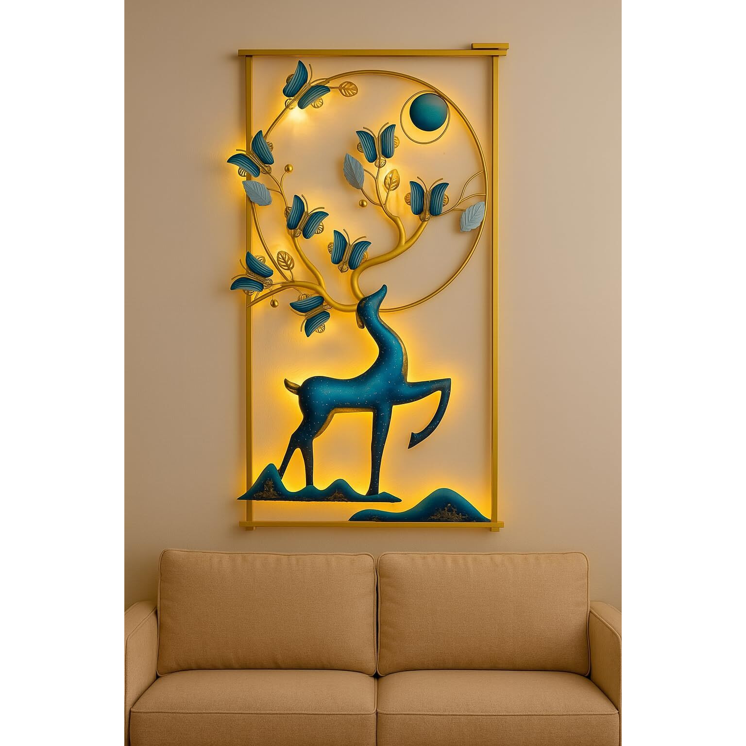 Anshika International Wall Art Deer And Butterfly Metal Frame With Led, Wall Sculpture For Living Room, Bedroom, Drawing Room, Office Wall Hanging For Home Decorative-A7