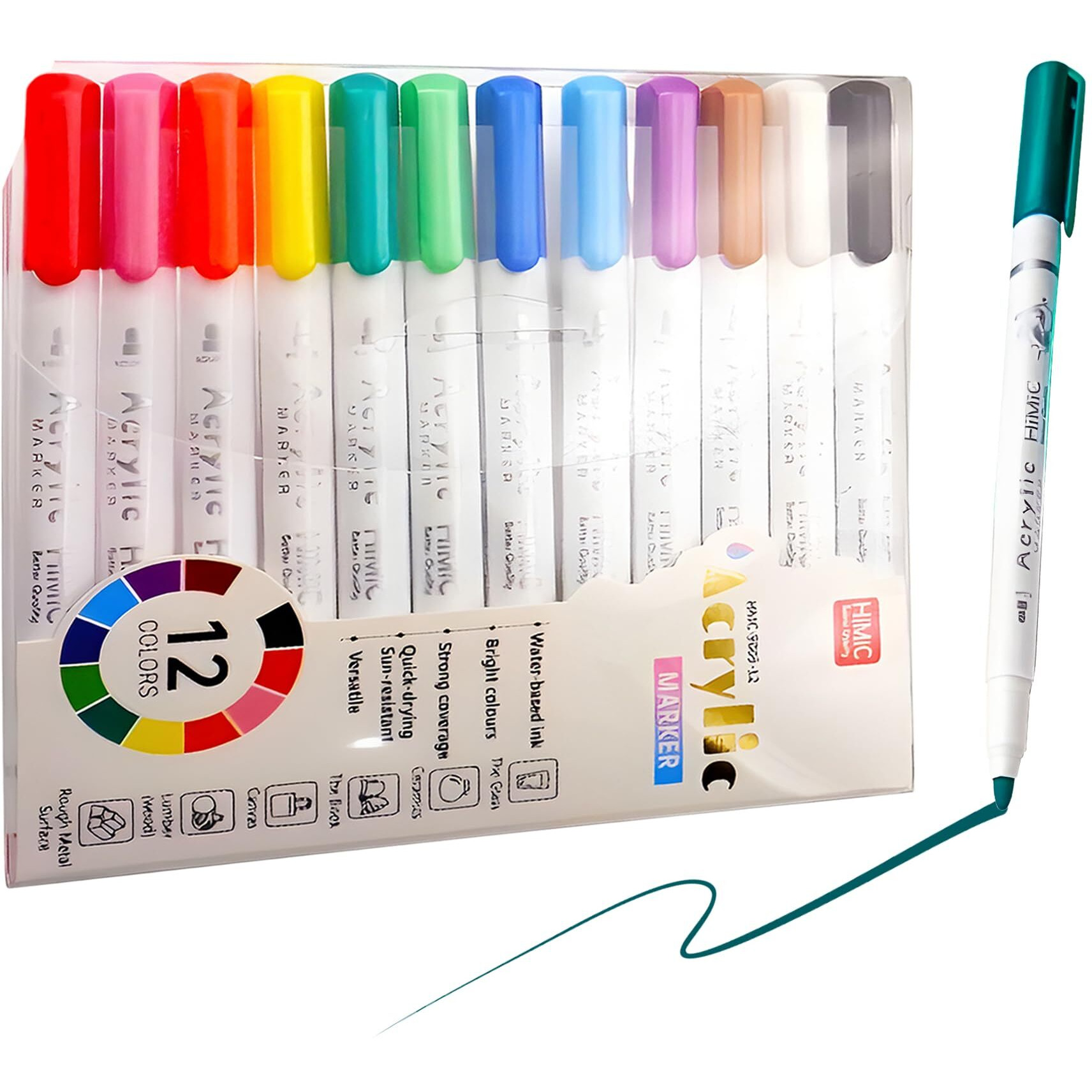 Wishkey 12 Shades Acrylic Marker Pen Set, Water-Based Non-Toxic Ink, Waterproof, Smudge Proof Colorful Sketch Pens, Multipurpose Marker Pens For Art Works, 8+ Years (Pack Of 12, Multicolor)