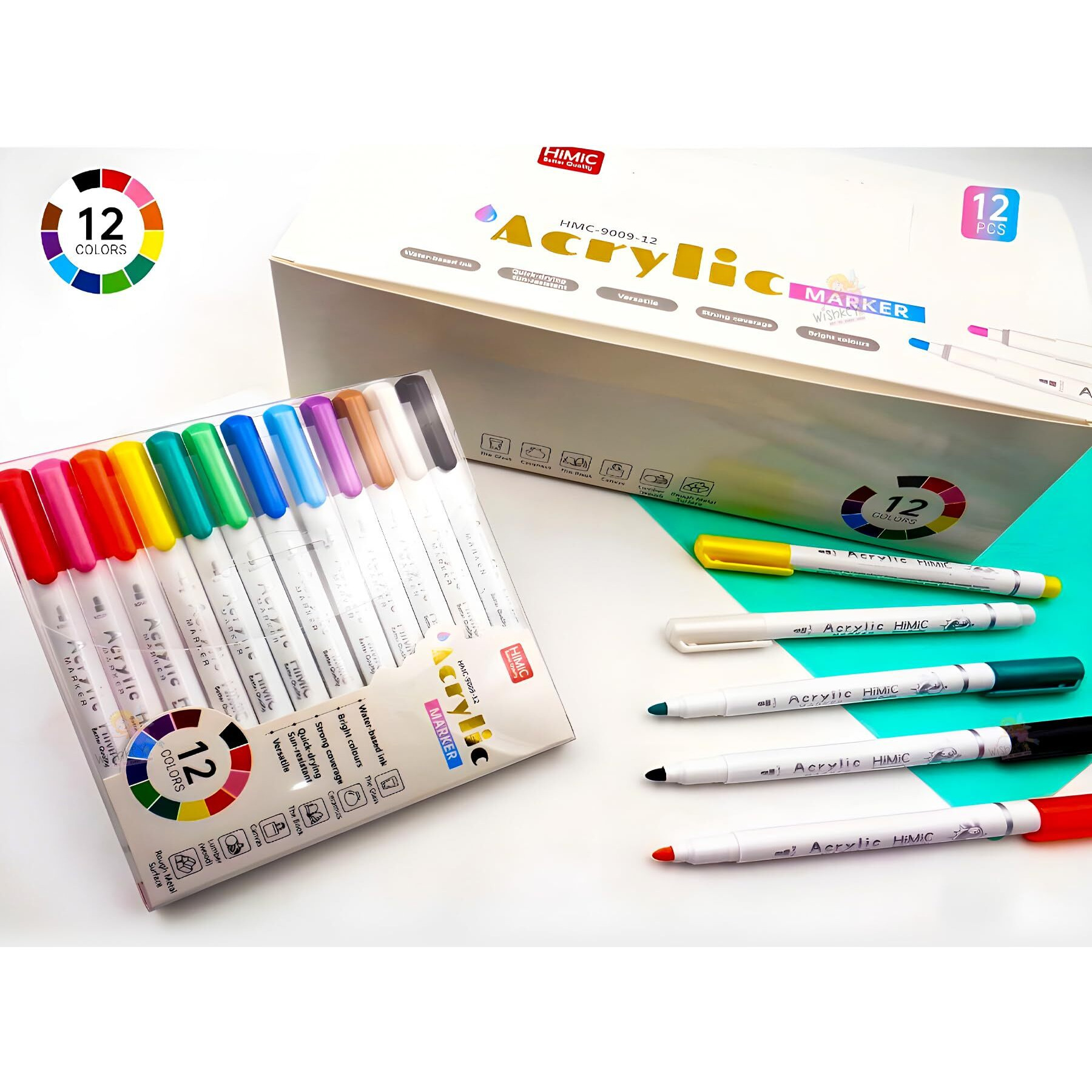 Wishkey 12 Shades Acrylic Marker Pen Set, Water-Based Non-Toxic Ink, Waterproof, Smudge Proof Colorful Sketch Pens, Multipurpose Marker Pens For Art Works, 8+ Years (Pack Of 12, Multicolor)