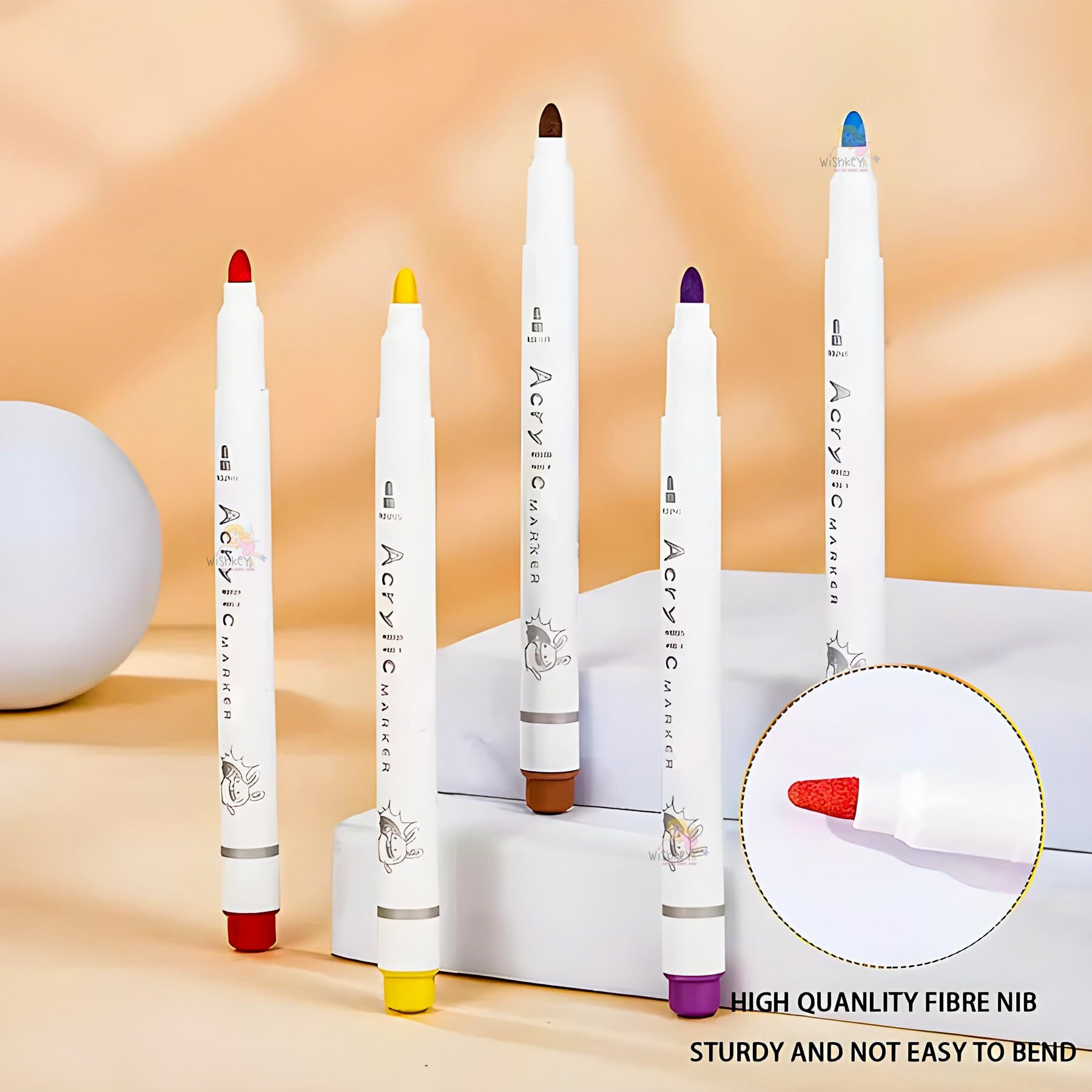 Wishkey 12 Shades Acrylic Marker Pen Set, Water-Based Non-Toxic Ink, Waterproof, Smudge Proof Colorful Sketch Pens, Multipurpose Marker Pens For Art Works, 8+ Years (Pack Of 12, Multicolor)