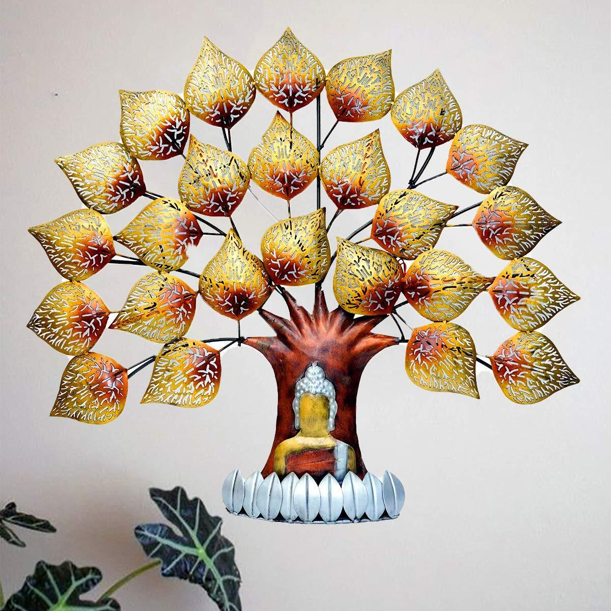 Theunique.Wrought And Cast Iron Wall Metal Buddha Led Tree. Multi Gold Colour Wall Hanging Home Decor For Living Room Decorations