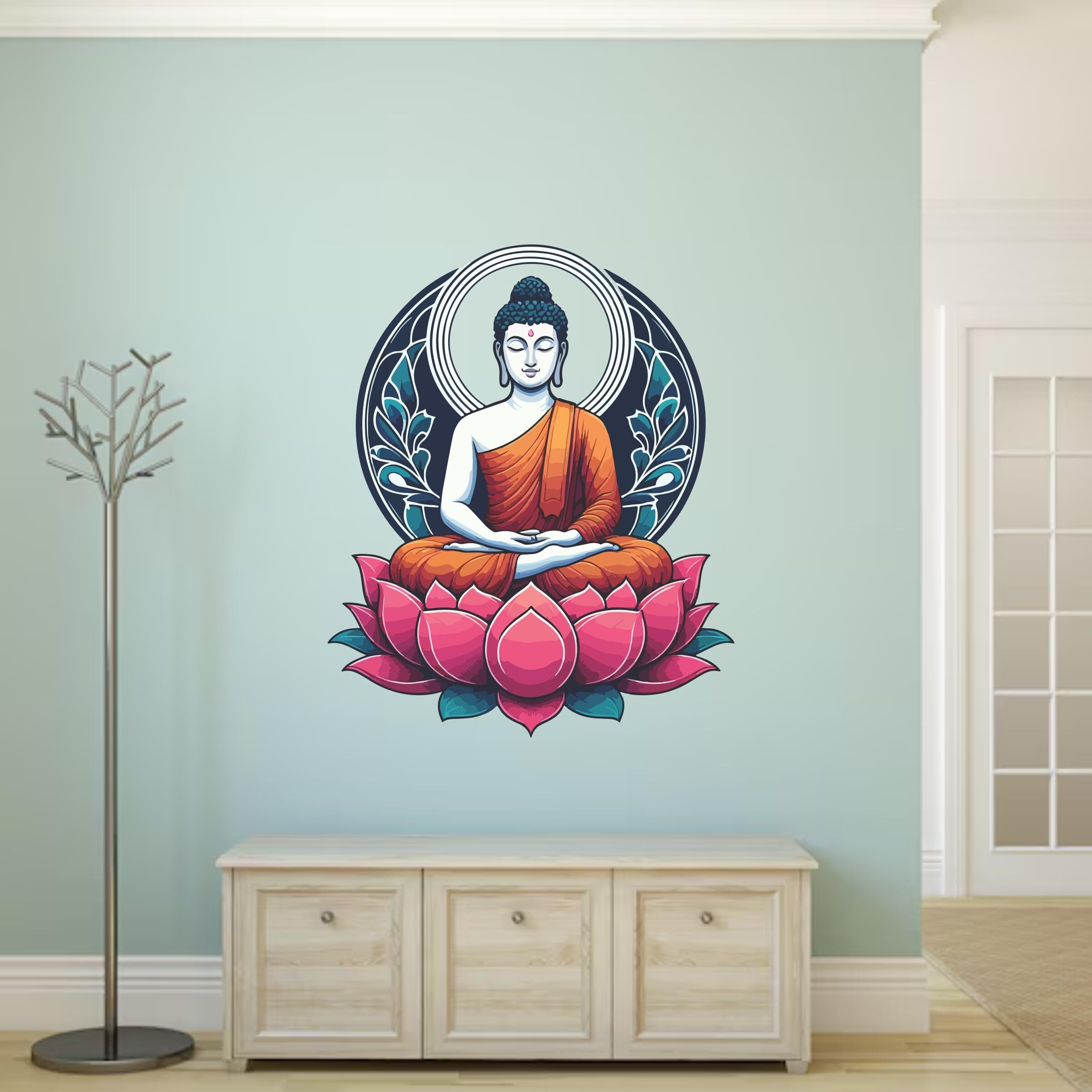 Creativeedge Sitting Buddha Crossed Legs With Lotus Flower Multicolor Decorative Wall Sticker For Pooja Room, Livingroom, Bedroom, Office, Kidsroom (45 Cm X 55 Cm)