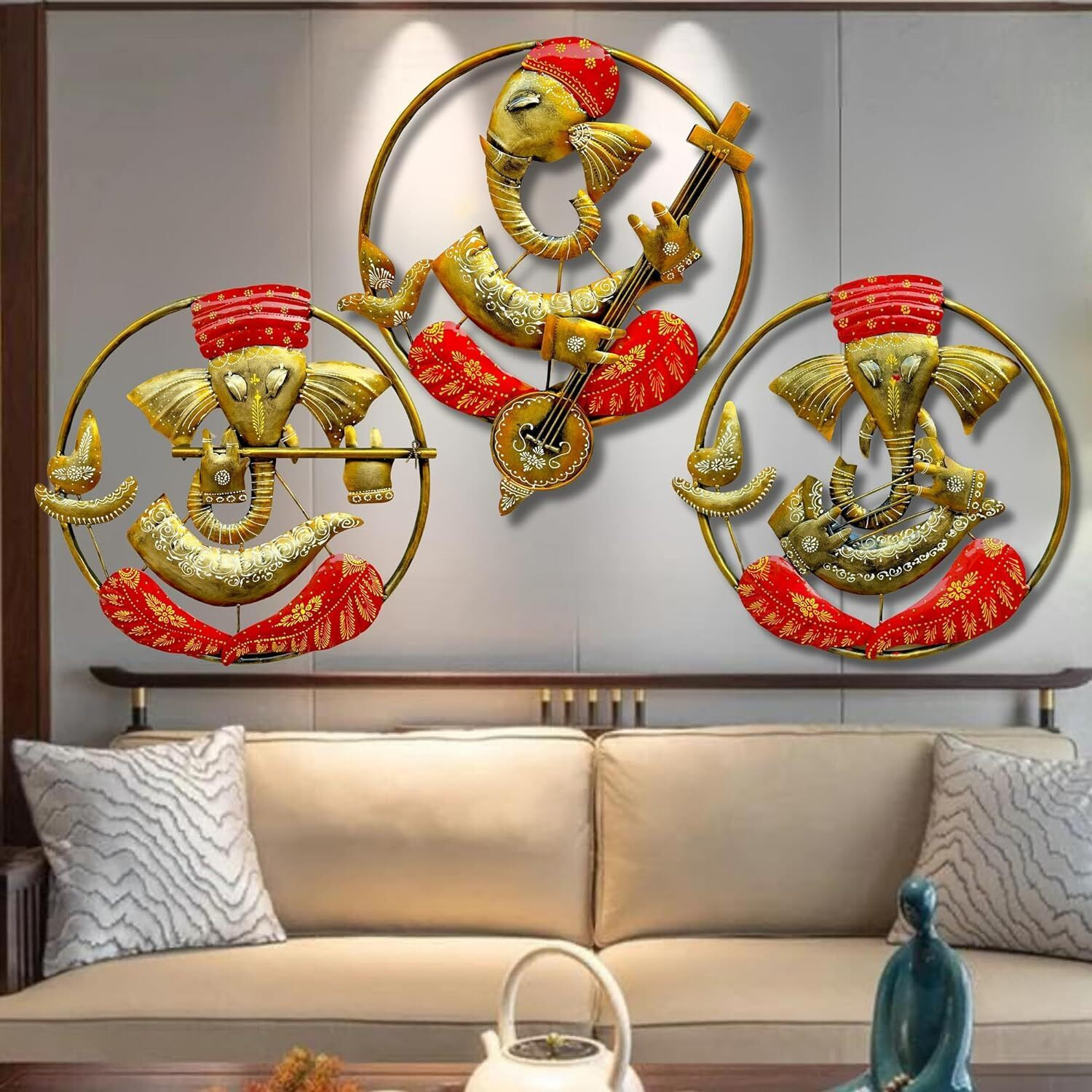Anshika International 3 Lord Ganesha Playing Instruments Metal Wall Art, Wall Hanging For Religious Showpiece, Pooja Room, Dining Room Wall Sculpture For Home Decoration, Office (Size 18X18 In)
