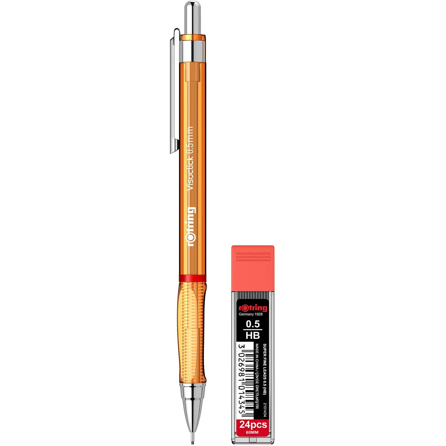 Rotring Visuclick Orange Mechanical Pencil 0.5Mm For Drawing, Writing & Sketching, Transparent Abs Plastic Body, 12 Hb Polymer Leads