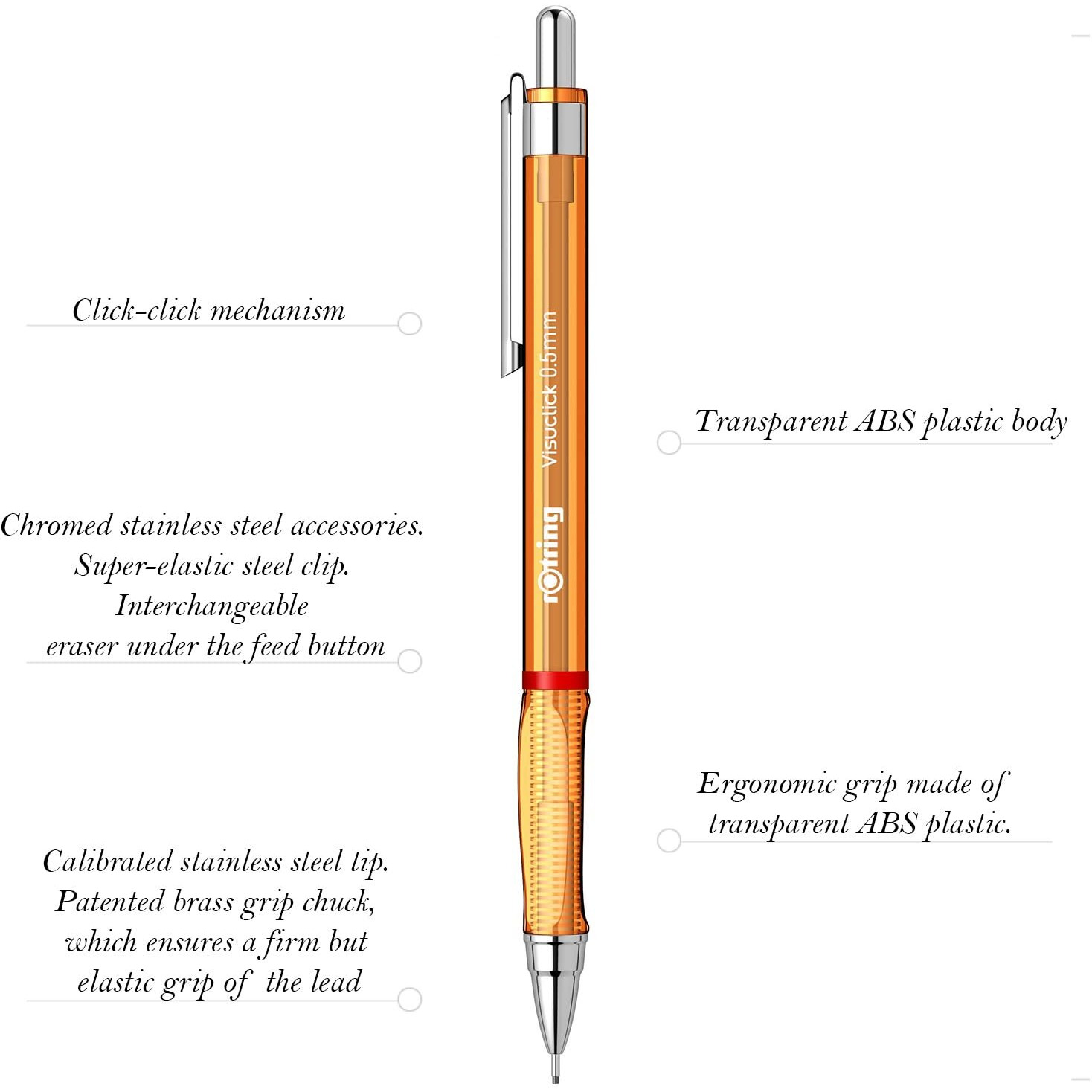 Rotring Visuclick Orange Mechanical Pencil 0.5Mm For Drawing, Writing & Sketching, Transparent Abs Plastic Body, 12 Hb Polymer Leads