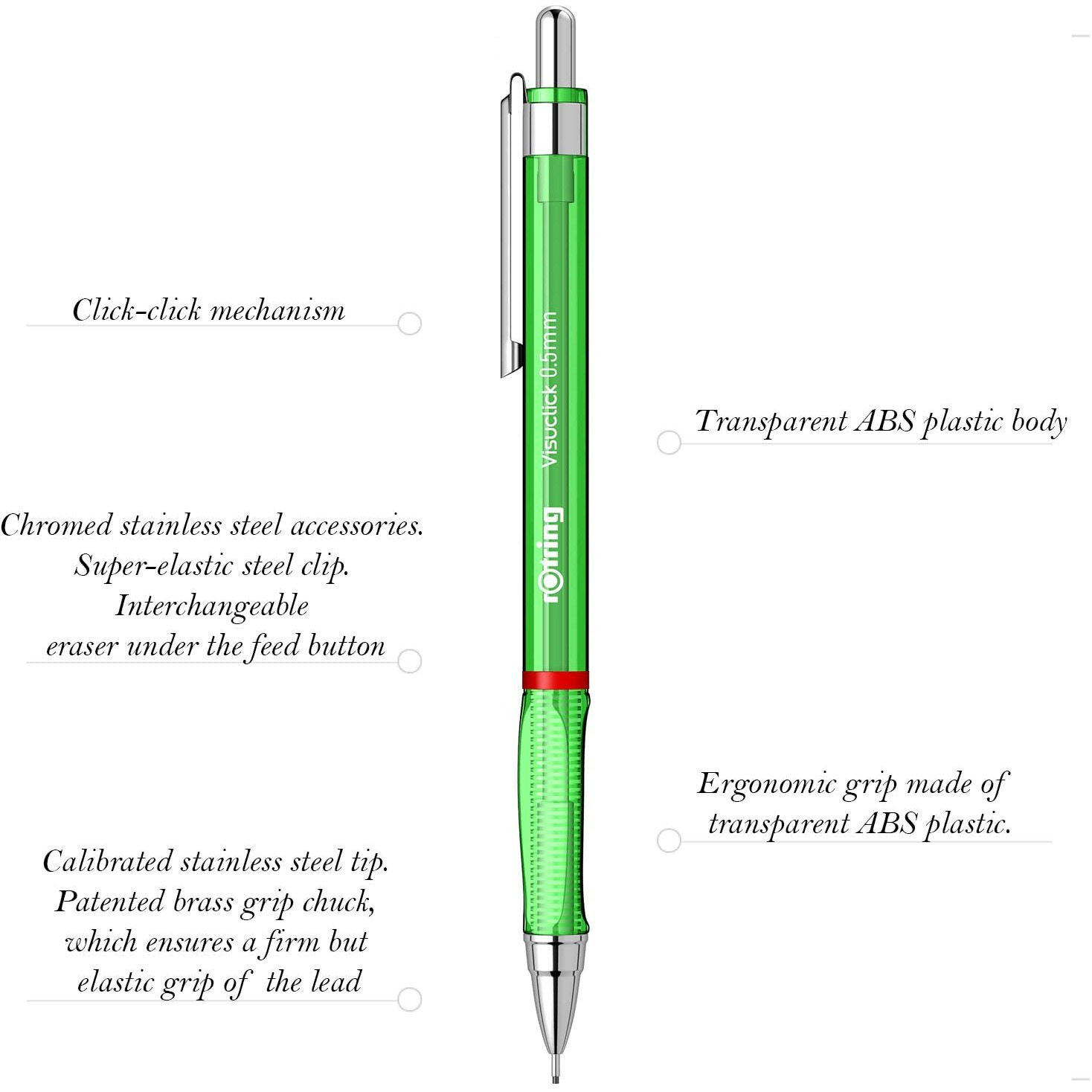 Rotring Visuclick Green Mechanical Pencil 0.5Mm For Drawing, Writing & Sketching, Transparent Abs Plastic Body, 12 Hb Polymer Leads