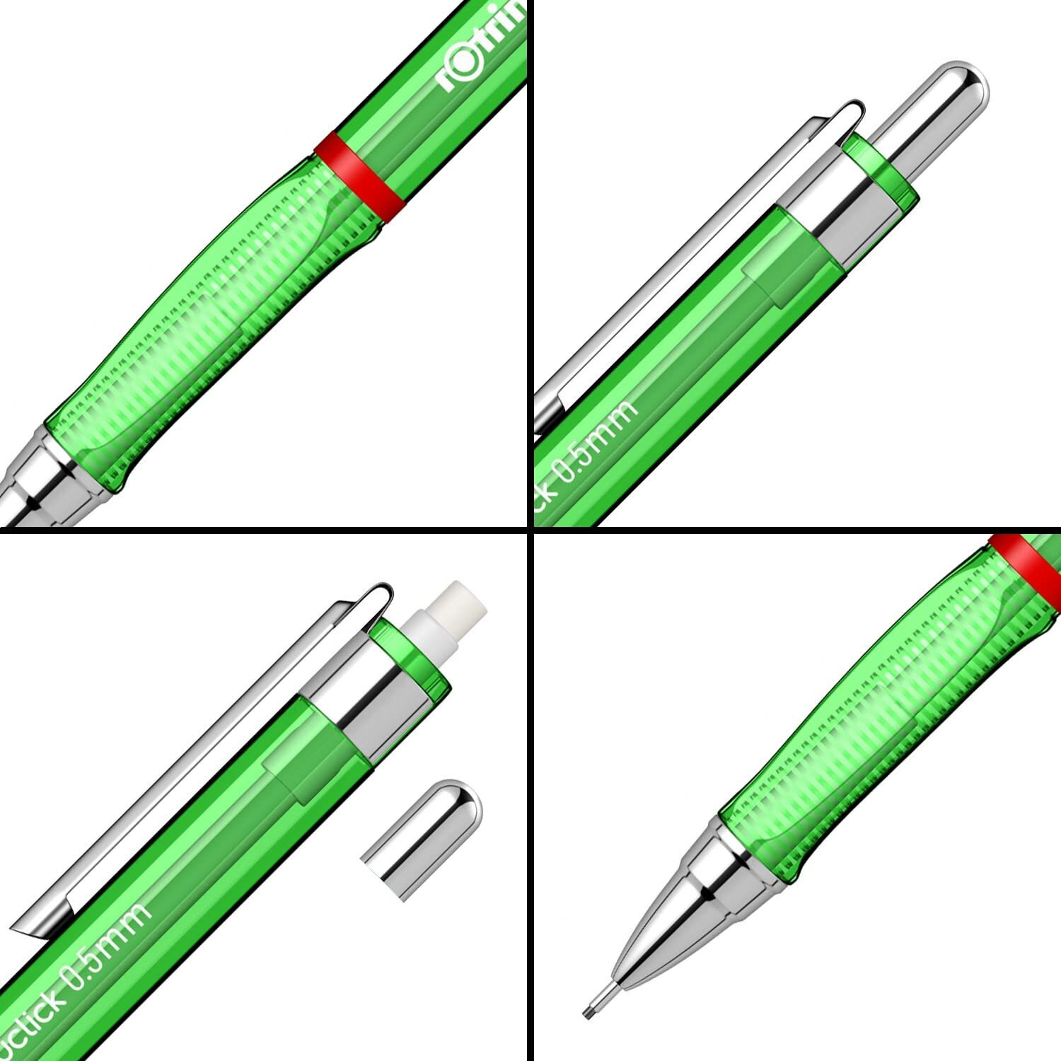 Rotring Visuclick Green Mechanical Pencil 0.5Mm For Drawing, Writing & Sketching, Transparent Abs Plastic Body, 12 Hb Polymer Leads