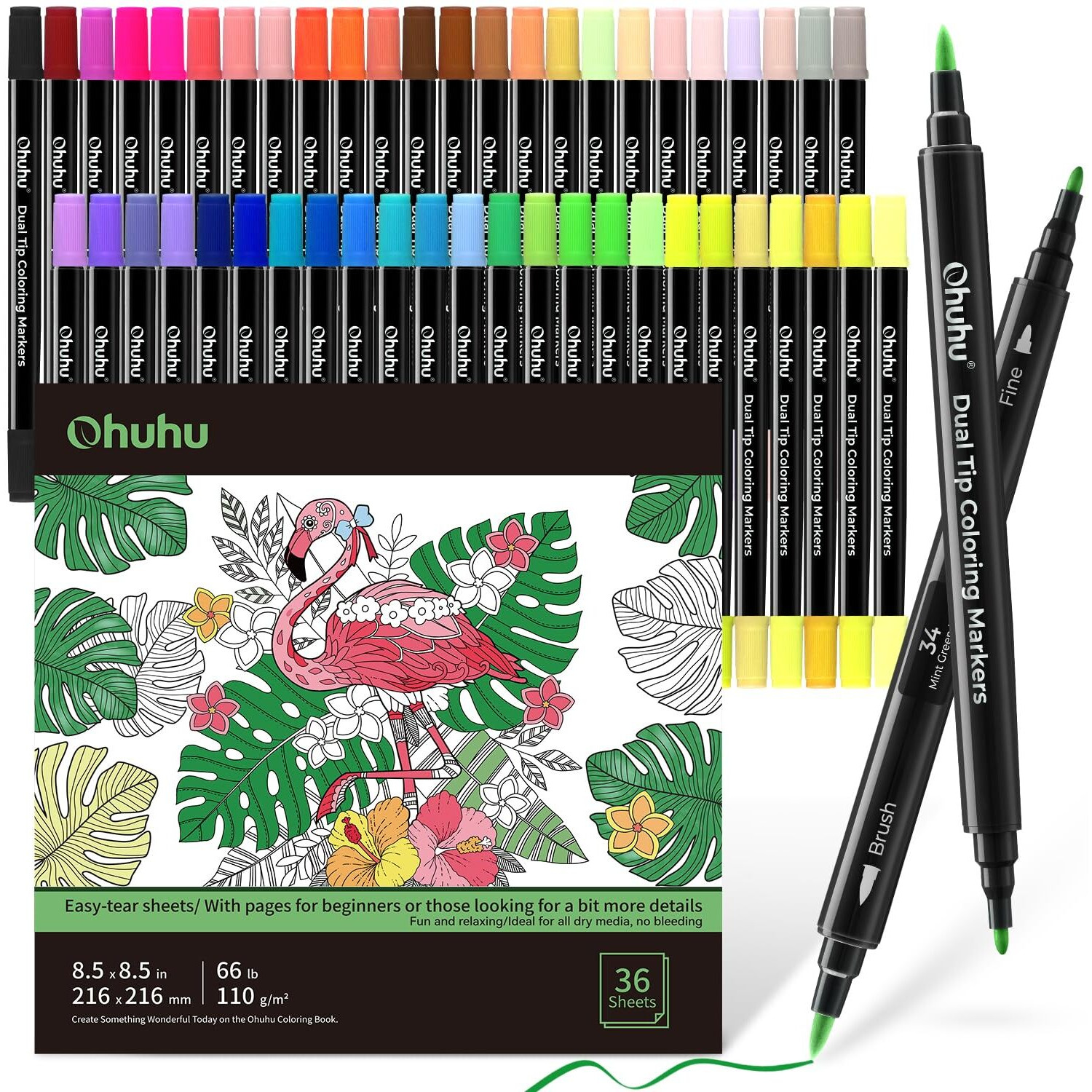 Ohuhu Brush Pen Set 48 Colours & Coloring Book Set Fine & Brush Dual Tip Brush Pens Water-Based Markers Water Colour Set For Adults Coloring Calligraphy Drawing Sketching Bullet Journal, Multicolour