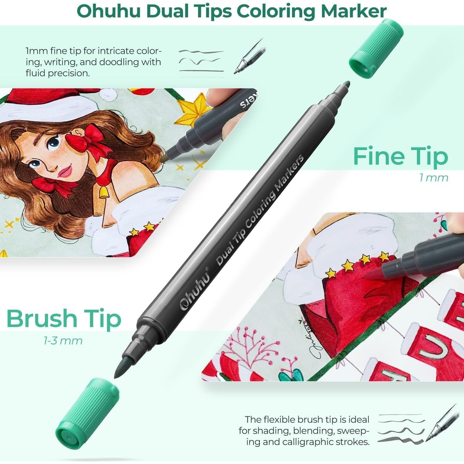 Ohuhu Brush Pen Set 48 Colours & Coloring Book Set Fine & Brush Dual Tip Brush Pens Water-Based Markers Water Colour Set For Adults Coloring Calligraphy Drawing Sketching Bullet Journal, Multicolour