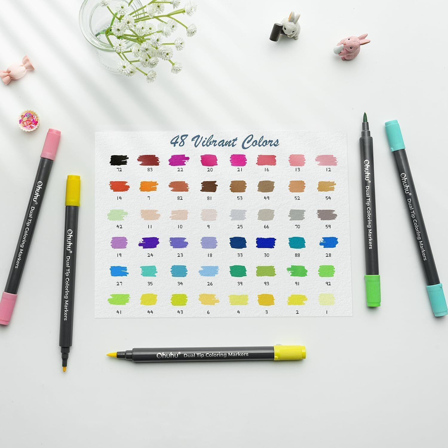 Ohuhu Brush Pen Set 48 Colours & Coloring Book Set Fine & Brush Dual Tip Brush Pens Water-Based Markers Water Colour Set For Adults Coloring Calligraphy Drawing Sketching Bullet Journal, Multicolour
