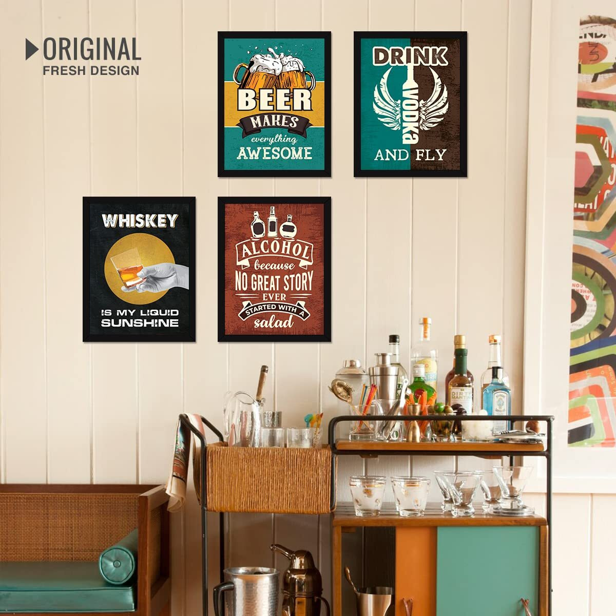 Chaka Chaundh - Whiskey Wall Quotes Frames - Beer, Vodka Quotes Poster With Frames - Bar Framed Poster - Alcohol Quotes Wall Decoration Item - (14 X 11 Inches - Set Of 4)
