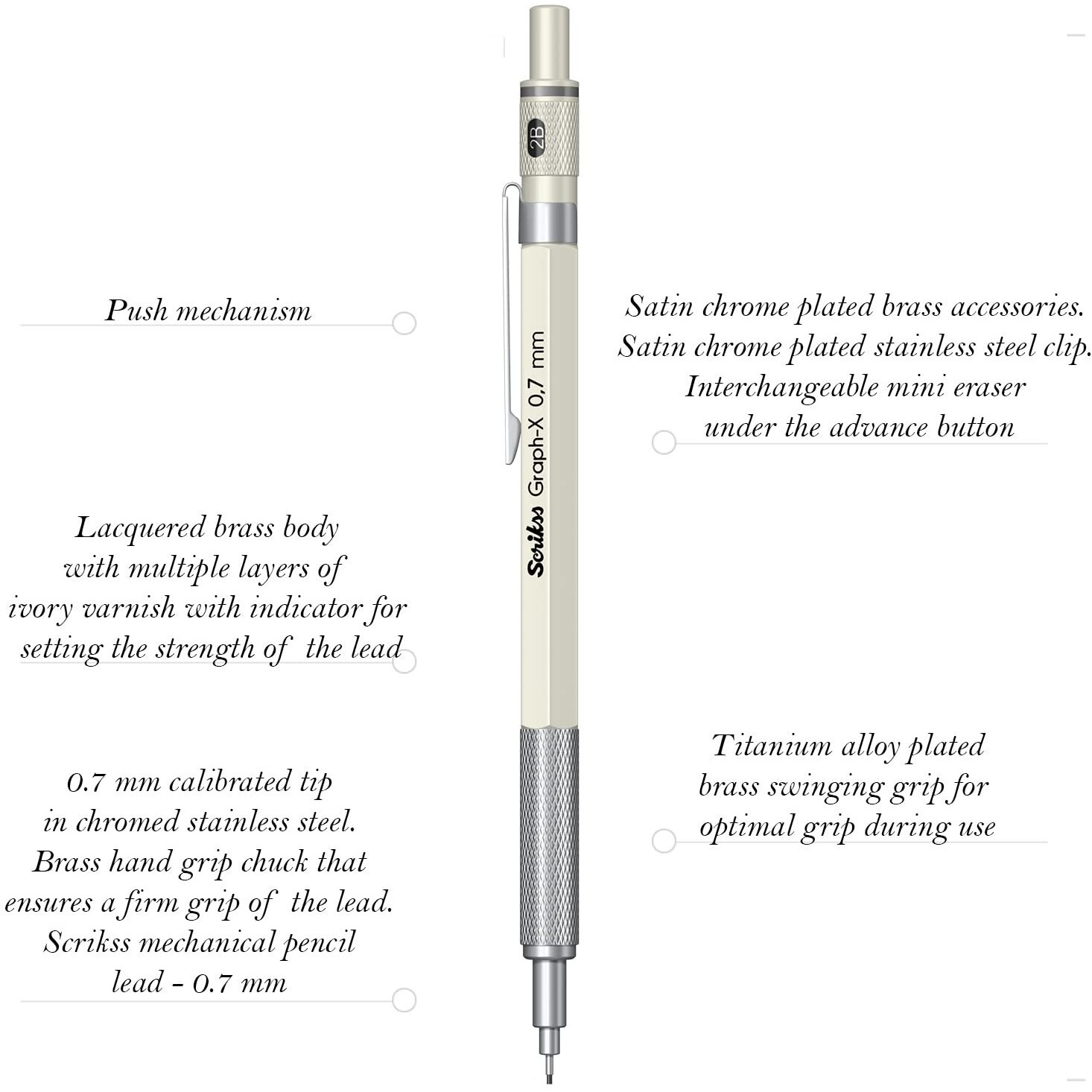 Scrikss 0.7Mm Mechanical Clutch Lead Pen Pencil Ivory Brass Body Push Mechanism Graph-X Series Eraser Included
