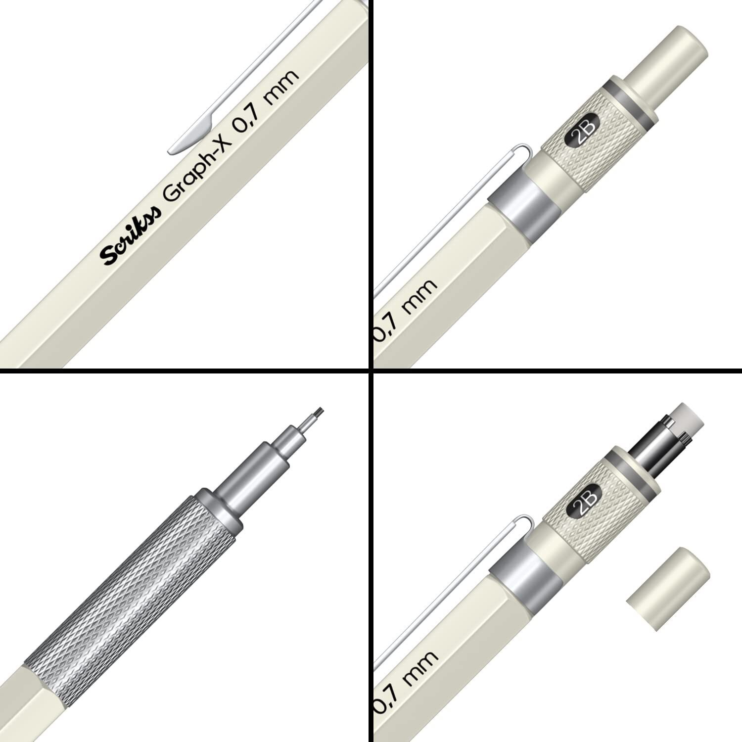 Scrikss 0.7Mm Mechanical Clutch Lead Pen Pencil Ivory Brass Body Push Mechanism Graph-X Series Eraser Included