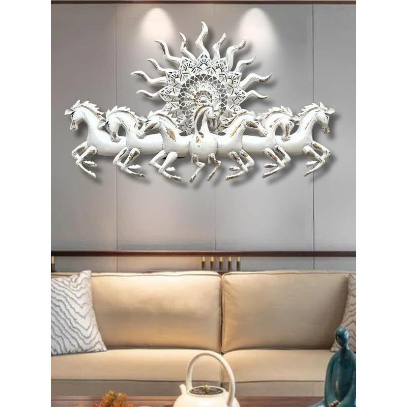 Pranjals House Metal Iron White 7 Horses Running With Led Light 3D Wall Decor Wall Art Wall Hangings For Home Decoration/Wall Hanging Decorative Items - 46X26 Inch