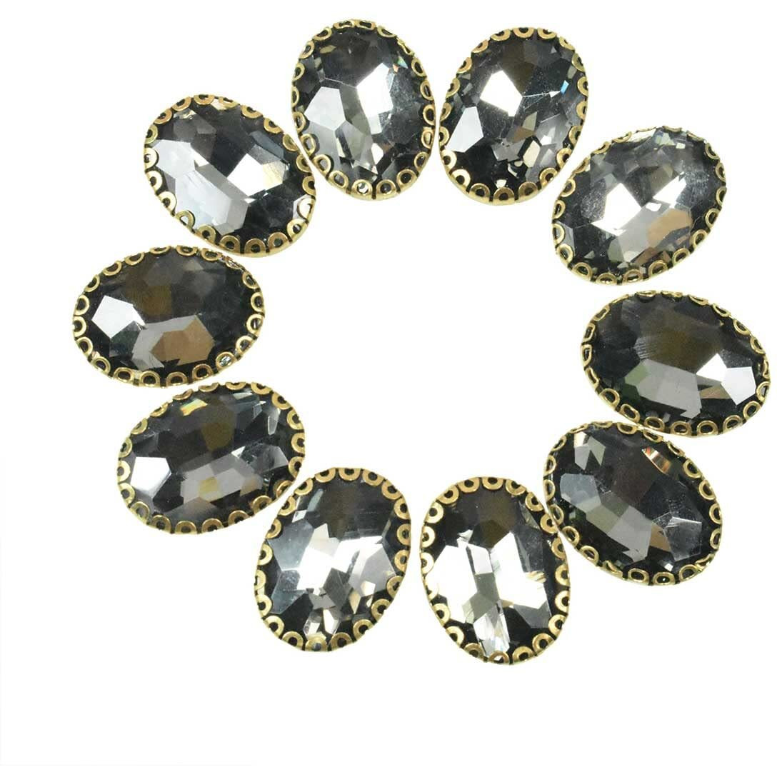 Embroiderymaterial Oval Shape Sew On Glass Crystal Stone, Glass Gem Stone For Embroidery, Clothes, Craft, Jewellery Making Etc, Flat Back Setting (Grey Color, 13 * 18 Mm, 10 Pieces)