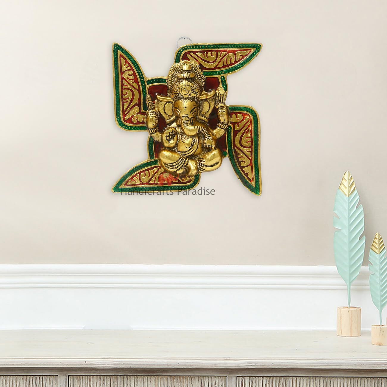 Handicrafts Paradise Ganesha Placed On Swastik Aluminium Metal Wall Hanging (18.5 Cm X 3.8 Cm X 18.5 Cm)