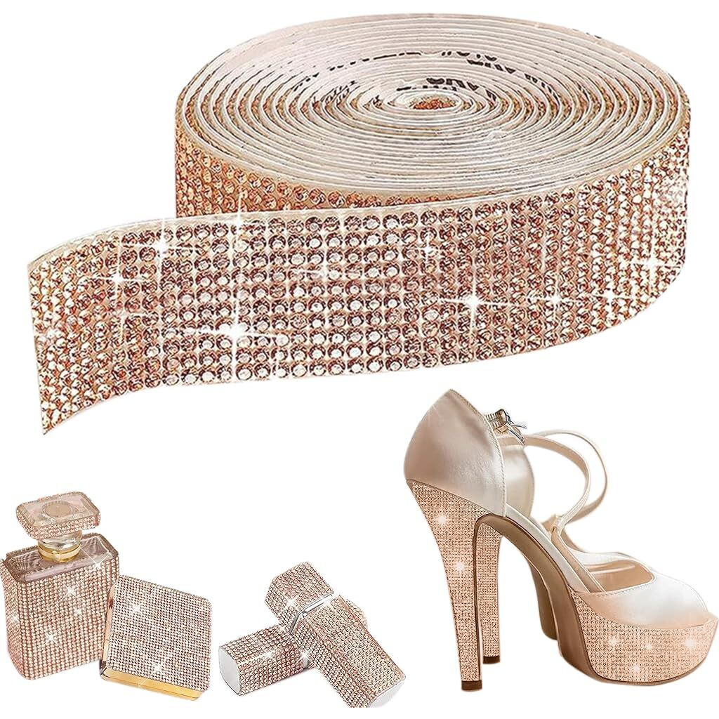 Maycreate Rose Gold Self Adhesive Rhinestone Ribbon, Bling Crystal Diamond Ribbon Roll Wrap Glittering Rhinestones Sticker For Gift Wrapping, Diy Arts Crafts Projects, Wedding, Party Decor, 1 Yard