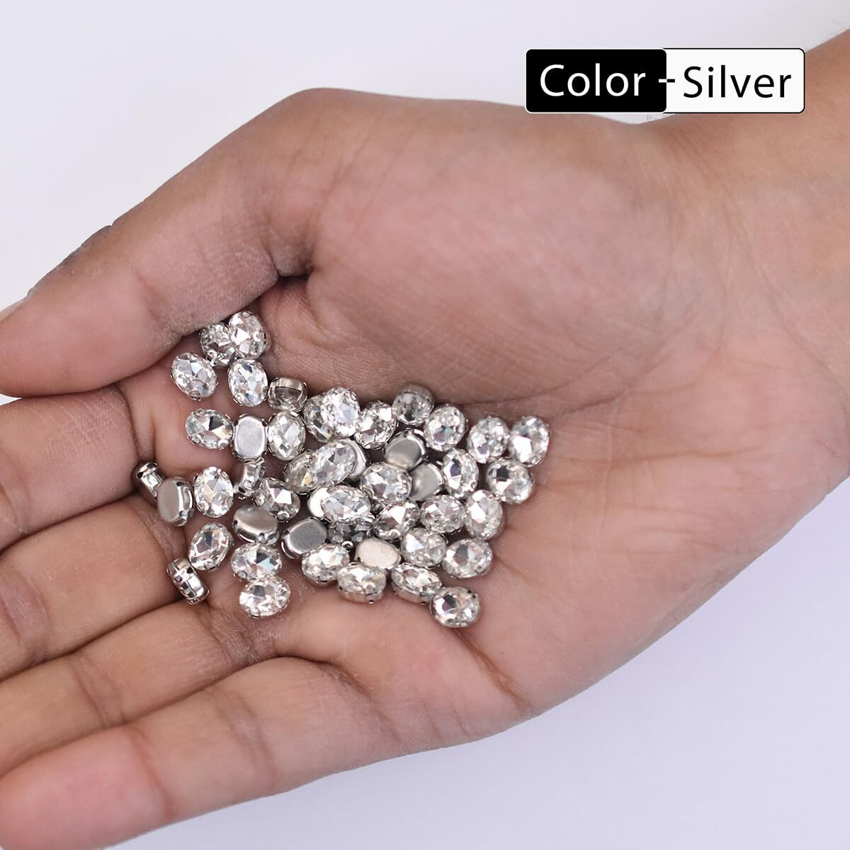 Embroiderymaterial Oval Shape Sew On Glass Crystal Rhinestones With D Shape Claws For Craft, Embroidery And Jewellery Making (6 * 8Mm, Silver, 48 Pieces)