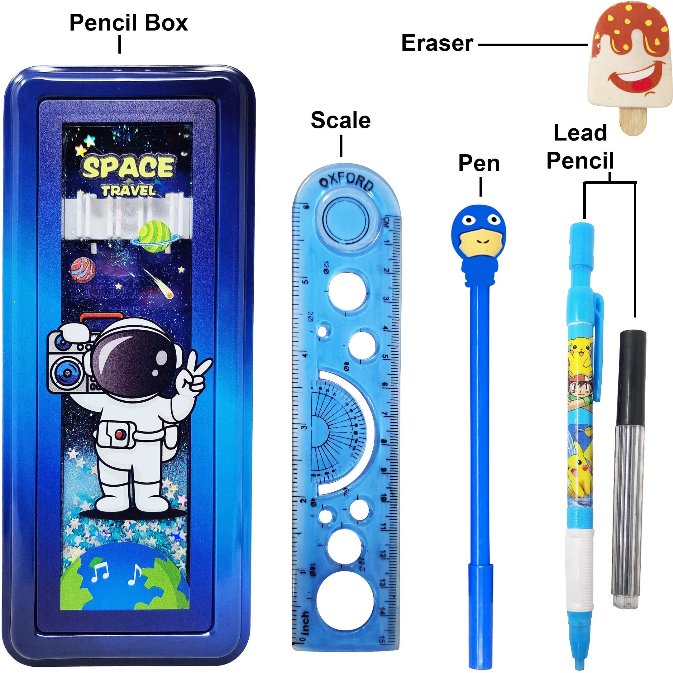 Parteet Combo (Pack Of 5 Items) 1 Metal Pencil Box,1 Ice Cream Shape Eraser, 1 Lead Pencil With Extra Leads, 1 Unicorn Pen And 1 Scale For Kids(Character Assorted)