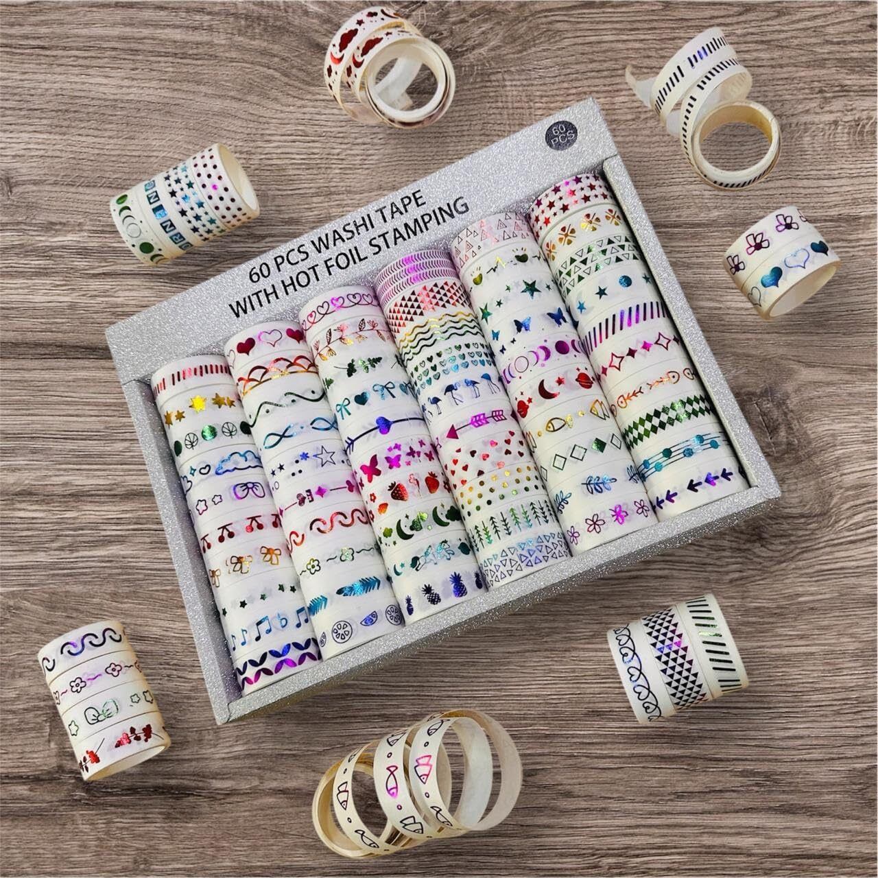 Crafty Cuddle Decorative Washi Tape Set  Hot Stamping Design, Hearts & Flamingo Prints, Multi-Pattern(Pack Of 10)