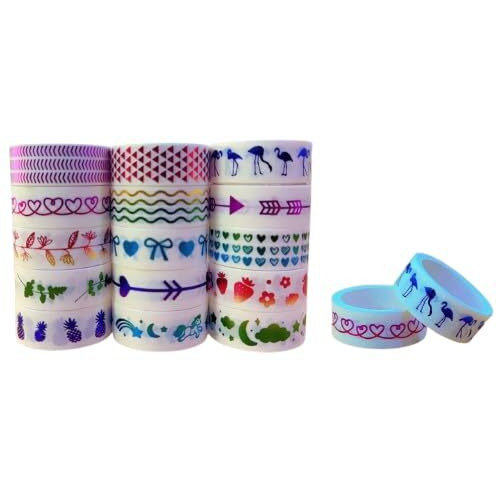 Crafty Cuddle Decorative Washi Tape Set  Hot Stamping Design, Hearts & Flamingo Prints, Multi-Pattern(Pack Of 10)