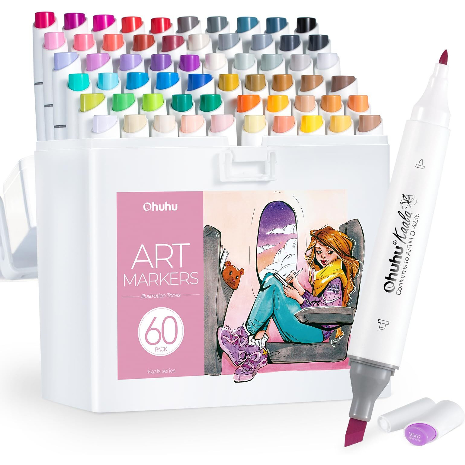 Ohuhu Alcohol Markers 60 Colors Slim Broad And Fine Double Tipped Alcohol Marker Set For Artists Adults Drawing Cartoon Anime Comic Characters - Professional Art Pens, Multicolor