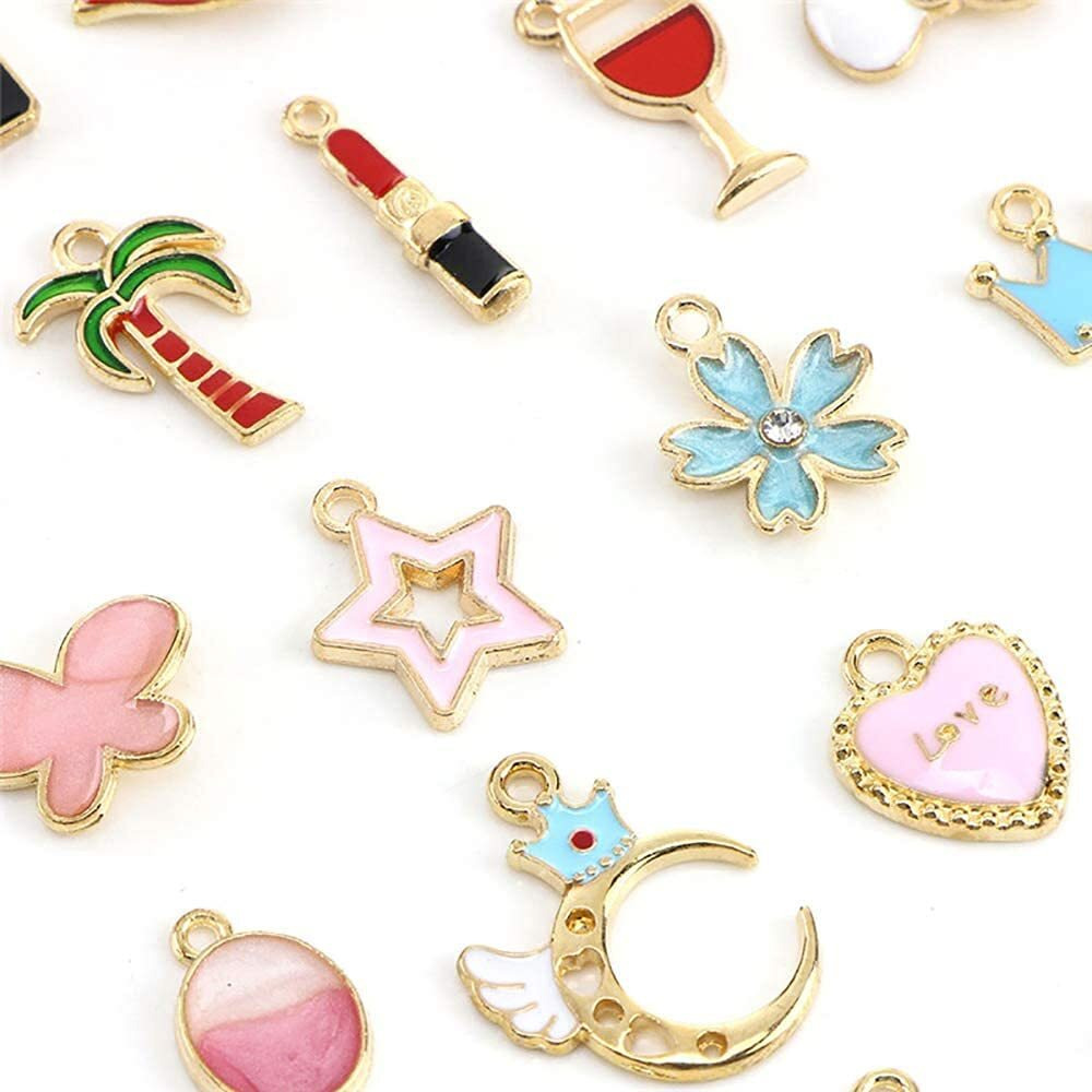 Elephantboat Multi1 60 Pcs Assorted Gold Plated Enamel Animal Moon Star Fruit Charm Pendant Diy For Necklace,Bracelet Jewelry Making And Crafting