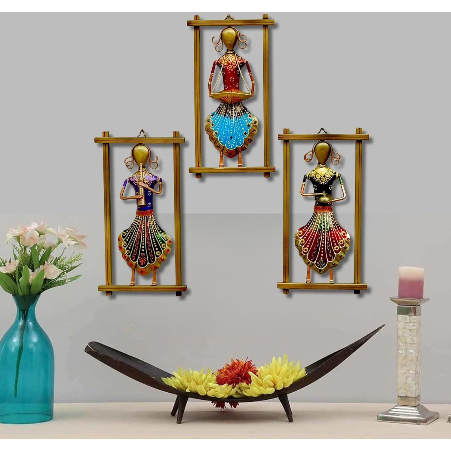 Anshika International 3 Rajasthani Musician Metal Abstract Figures Handcrafted Wall Sculpture Wall Art For Home Decoration, Living Room, Drwaing Room & Bedroom (Size 12X6.5 Inch), Multicolour
