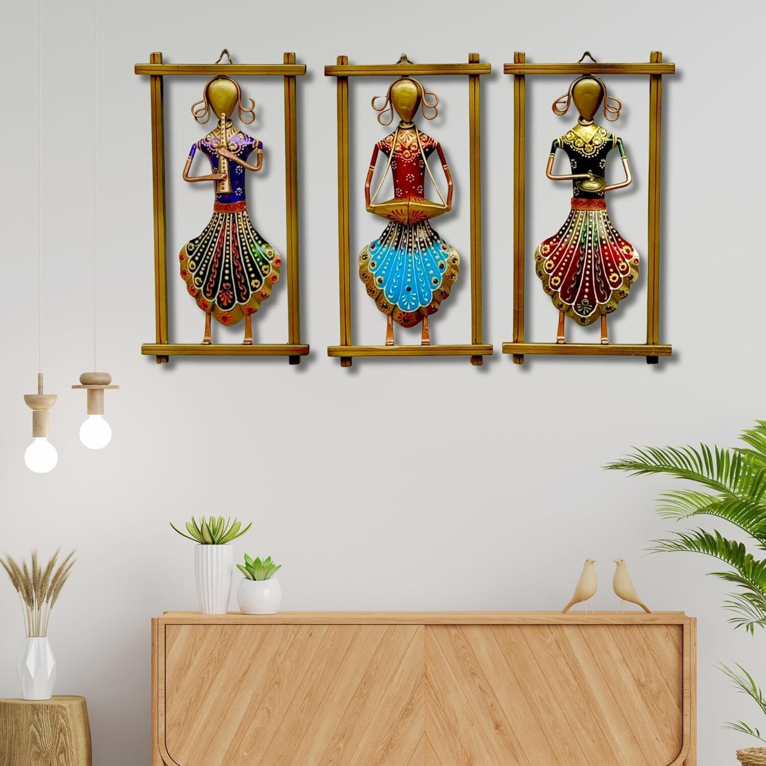 Anshika International 3 Rajasthani Musician Metal Abstract Figures Handcrafted Wall Sculpture Wall Art For Home Decoration, Living Room, Drwaing Room & Bedroom (Size 12X6.5 Inch), Multicolour