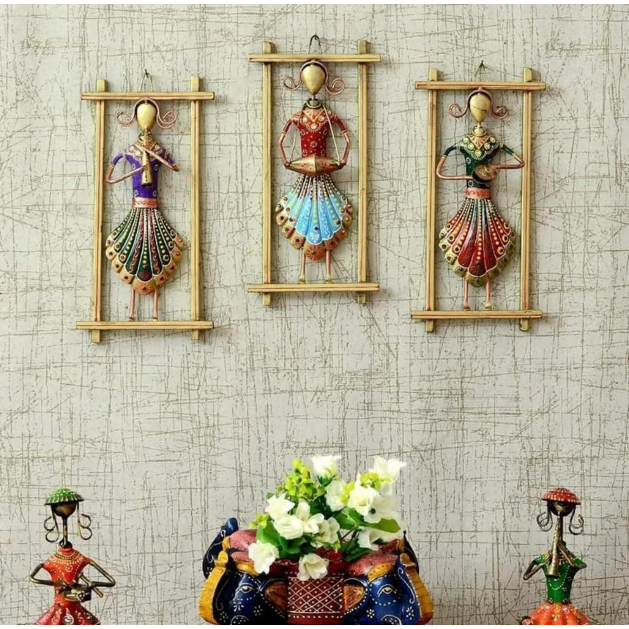 Anshika International 3 Rajasthani Musician Metal Abstract Figures Handcrafted Wall Sculpture Wall Art For Home Decoration, Living Room, Drwaing Room & Bedroom (Size 12X6.5 Inch), Multicolour