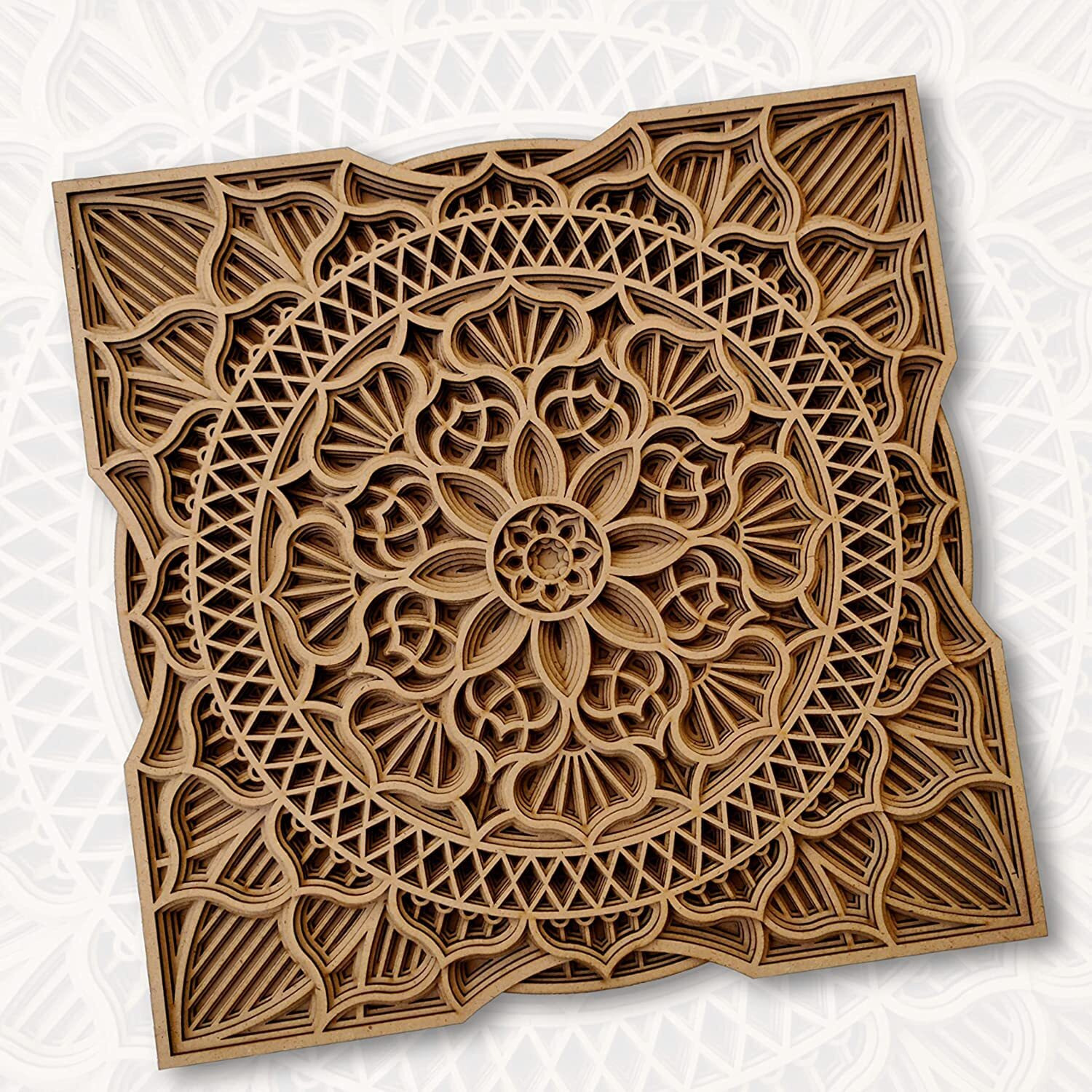 Gloridec Wooden 3D Laser Cut Decorative Mandala Wall Decor | Decorative Multi Layered Rectangle Mandala Wall Art, Living Room Wall Hanging (Gldc Square Mandala) (18" X 18" Inch)