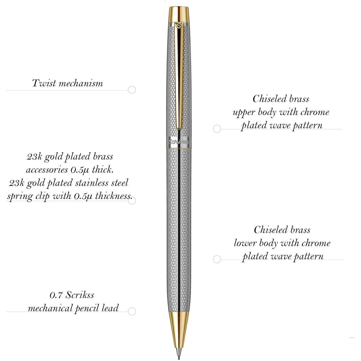 Scrikss 0.7Mm Mechanical Lead Pen Pencil Chrome Plated Brass Body Gold Plated Trims Twist Mechanism Venus 722 Engraved With Wave Cut Pattern Ideal For Gifting