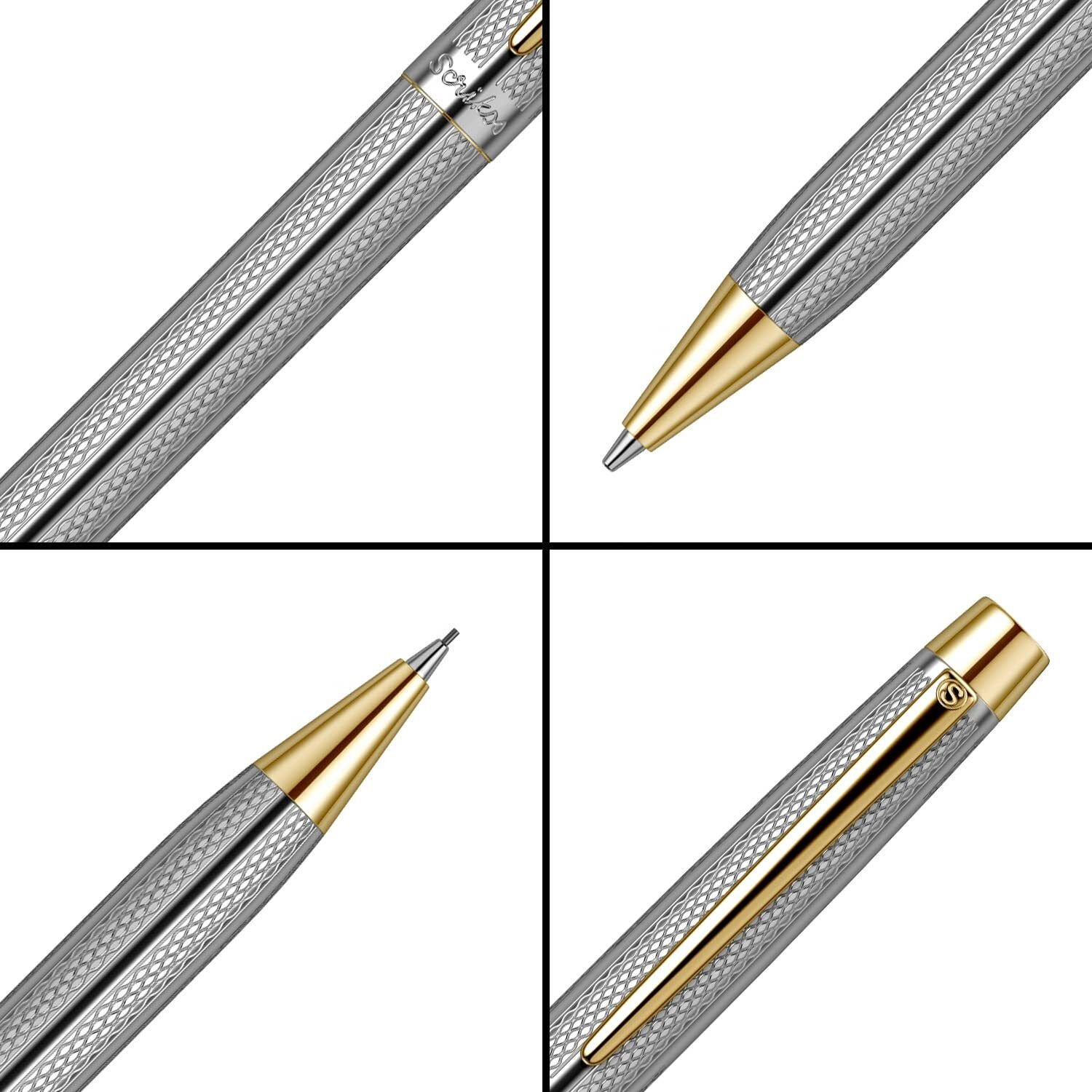 Scrikss 0.7Mm Mechanical Lead Pen Pencil Chrome Plated Brass Body Gold Plated Trims Twist Mechanism Venus 722 Engraved With Wave Cut Pattern Ideal For Gifting