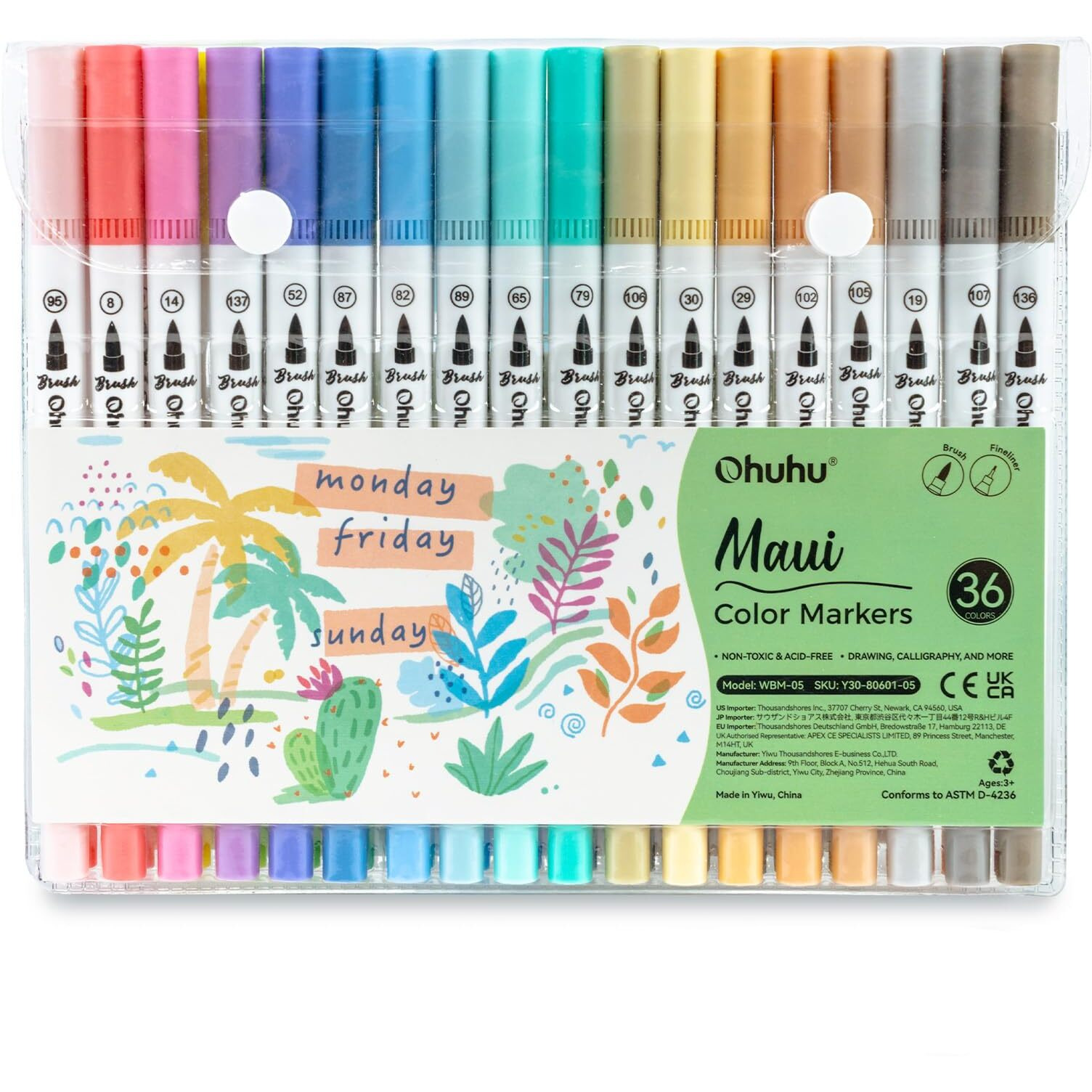 Ohuhu Brush Pen 36 Pastel Colors Water-Based Sketch Pen Set No Bleeding Dual Tips Fineliner & Brush Drawing Pens Art Marker For Kids Adults Calligraphy Journal - Maui