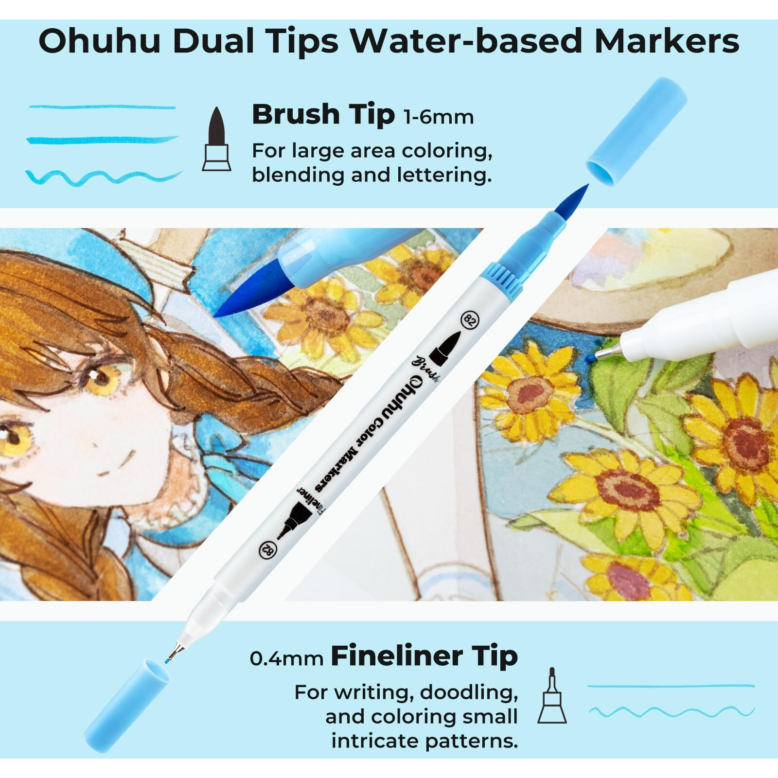Ohuhu Brush Pen 36 Pastel Colors Water-Based Sketch Pen Set No Bleeding Dual Tips Fineliner & Brush Drawing Pens Art Marker For Kids Adults Calligraphy Journal - Maui
