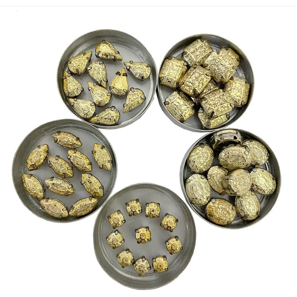 Embroiderymaterial Gold Flat Back Sew On Rhinestones In Brass Setting For Jewellery Making, Embroidery, Diy, Crafts Toran Making Etc, Sewing Bling Embellishments (50 Pieces, 10 Pieces/Shape)