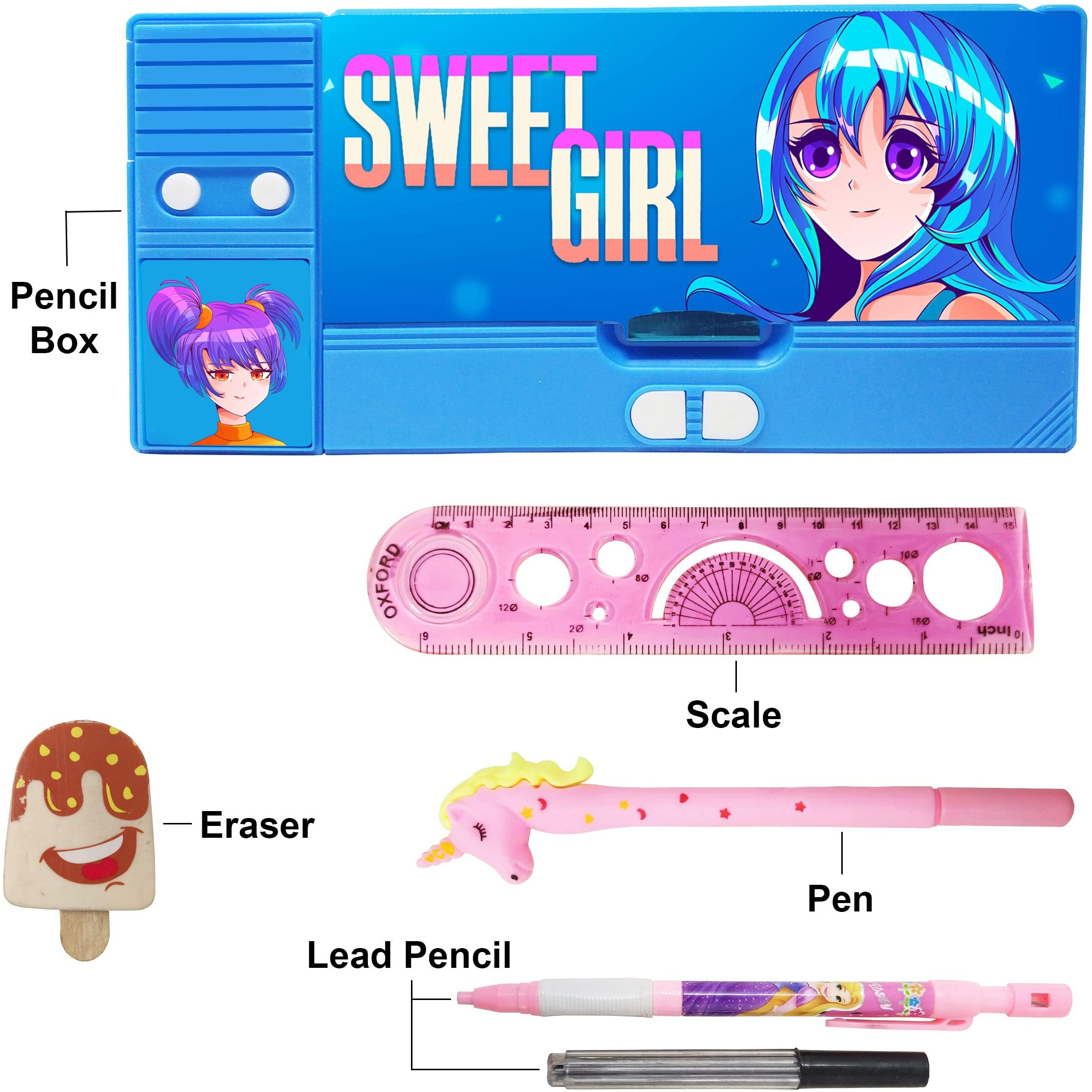 Parteet Combo (Pack Of 5 Items) 1 Plastic Pencil Box With Both Compartments,1 Cartoon Pen, 1 Lead Pencil With Extra Leads, 1 Ice Cream Shape Eraser And 1 Scale For Kids (Assorted Colour)