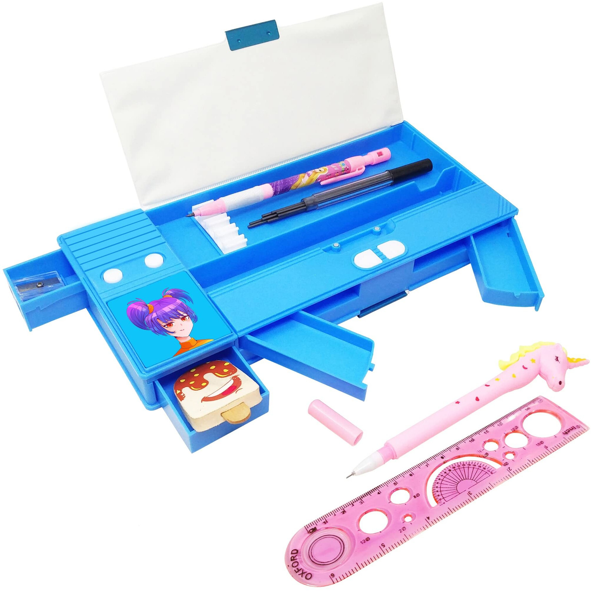 Parteet Combo (Pack Of 5 Items) 1 Plastic Pencil Box With Both Compartments,1 Cartoon Pen, 1 Lead Pencil With Extra Leads, 1 Ice Cream Shape Eraser And 1 Scale For Kids (Assorted Colour)