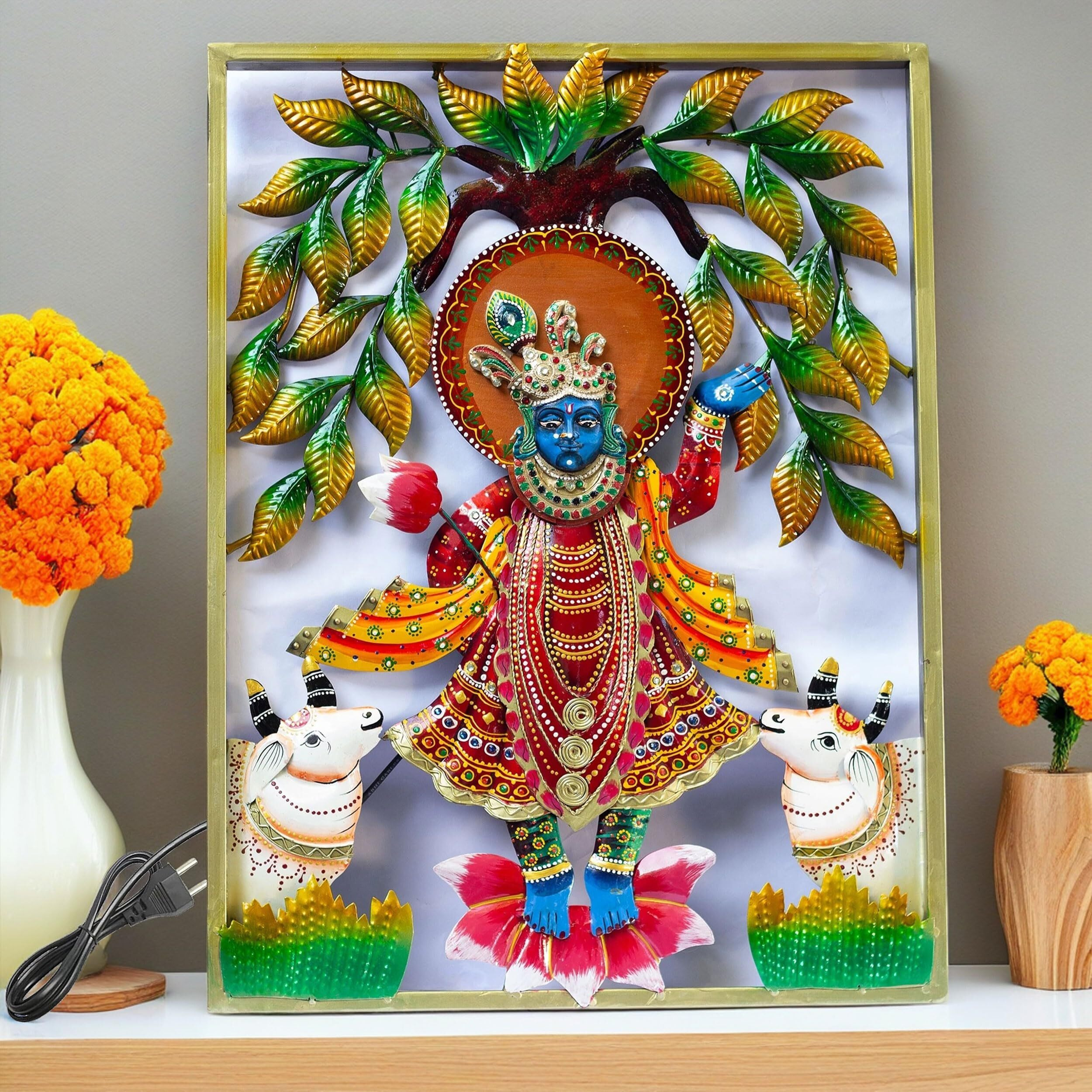 Kraftskala Lord Shrinathji Iron Metal Wall Dcor (24X18In)  Handcrafted Krishna Religious Dcor Showpiece | Vibrant Hindu Artwork With Led Backlight For Home, Pooja Room & Gifting (Srinathji)