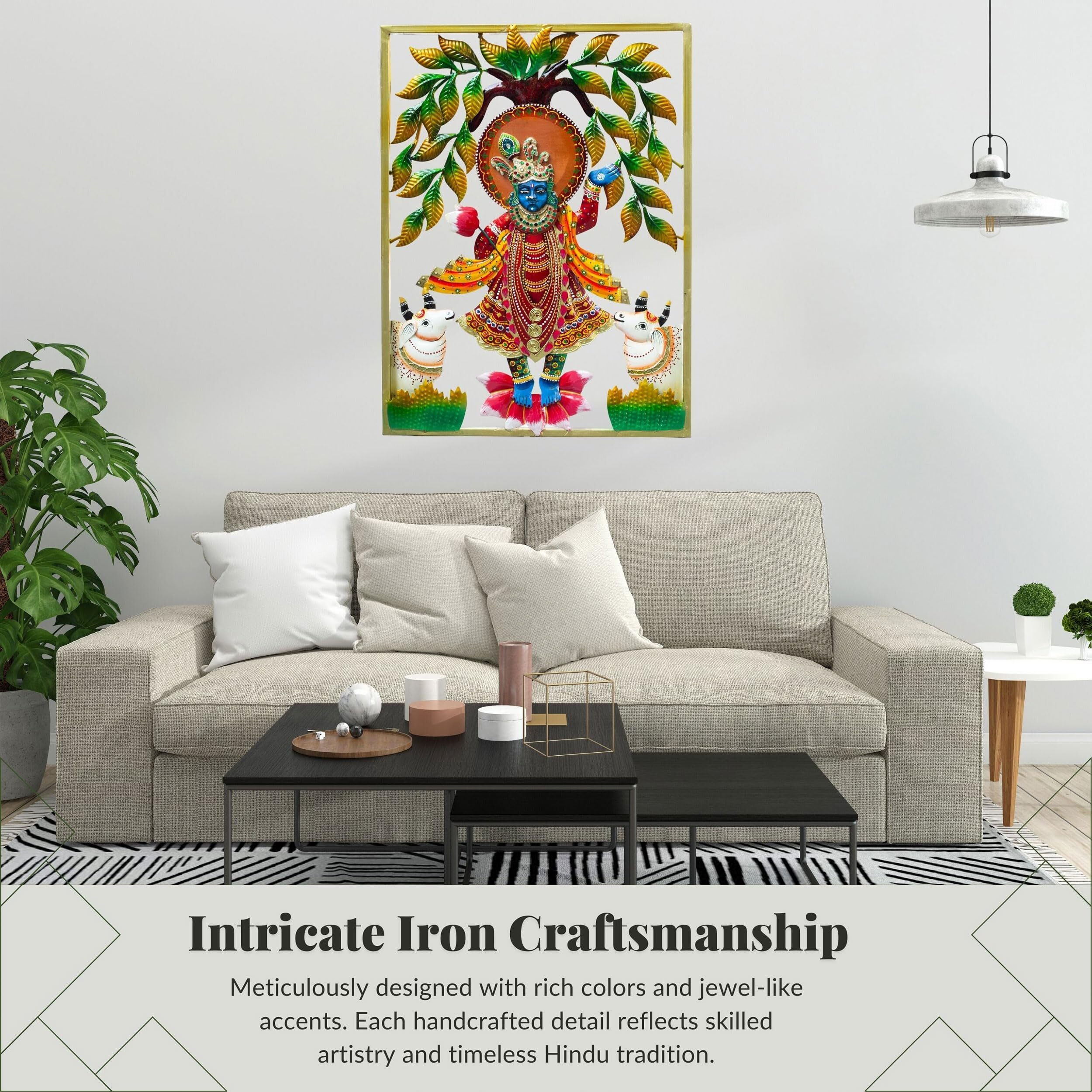 Kraftskala Lord Shrinathji Iron Metal Wall Dcor (24X18In)  Handcrafted Krishna Religious Dcor Showpiece | Vibrant Hindu Artwork With Led Backlight For Home, Pooja Room & Gifting (Srinathji)