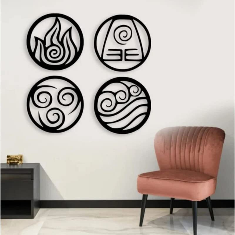 Meraki Mart Four Elements Water Tribe, Earth Kingdom, Fire Nation, Air Nomads Wall Hanging Art Black Designed Wood Decor Black Decoration Contemporary Home, Bedroom, Living Room, Office, 16 Inch