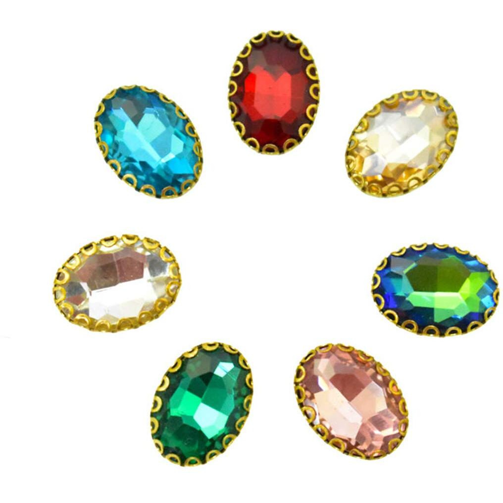 Embroiderymaterial Multicolor Shiny Sew On Rhinestones/Stones Sewing Crystals Beads For Jewellery Making, Embroidery, Craft, Sewing Purpose (Size 11X15Mm, Pack Of 7 Pieces)