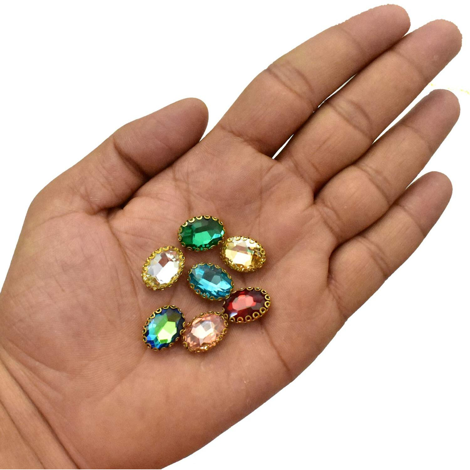Embroiderymaterial Multicolor Shiny Sew On Rhinestones/Stones Sewing Crystals Beads For Jewellery Making, Embroidery, Craft, Sewing Purpose (Size 11X15Mm, Pack Of 7 Pieces)