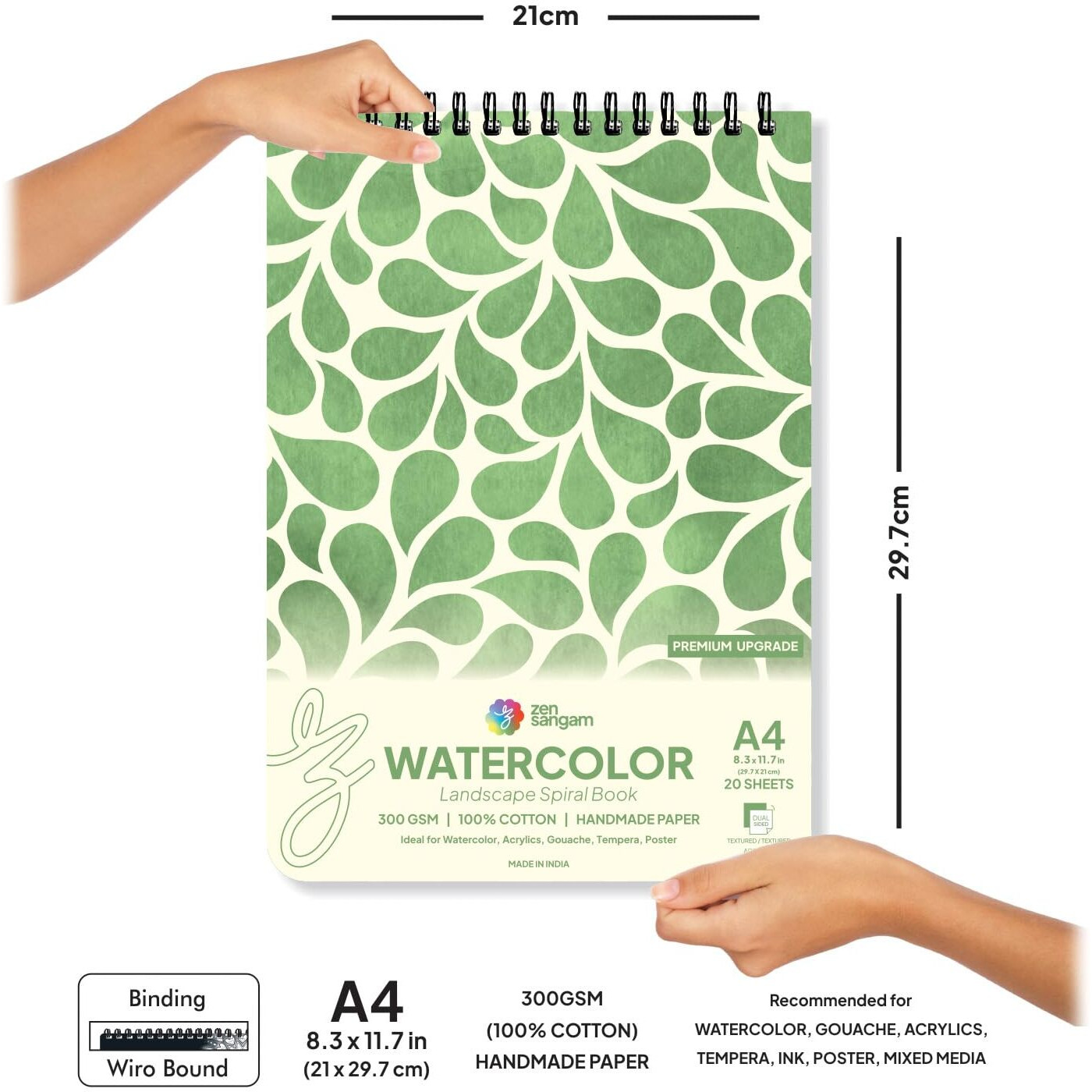 Zen Sangam A4 Spiral Watercolor Book | 300 Gsm 100% Cotton | Handmade Papers | Size (29.7X21Cm) | Landscape | 20 Sheets (40 Pages) For Beginners And Self Taught Artists - Calligraphy Sketchbook